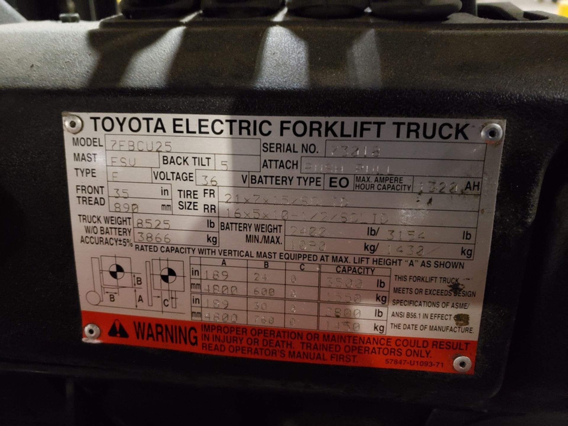 Toyota Electric Forklift, M# 7FBCU25, S/N 73018, 36 Volt, 3500 Lb. Cap., W/Cascade | Rig Fee: $175 - Image 2 of 2