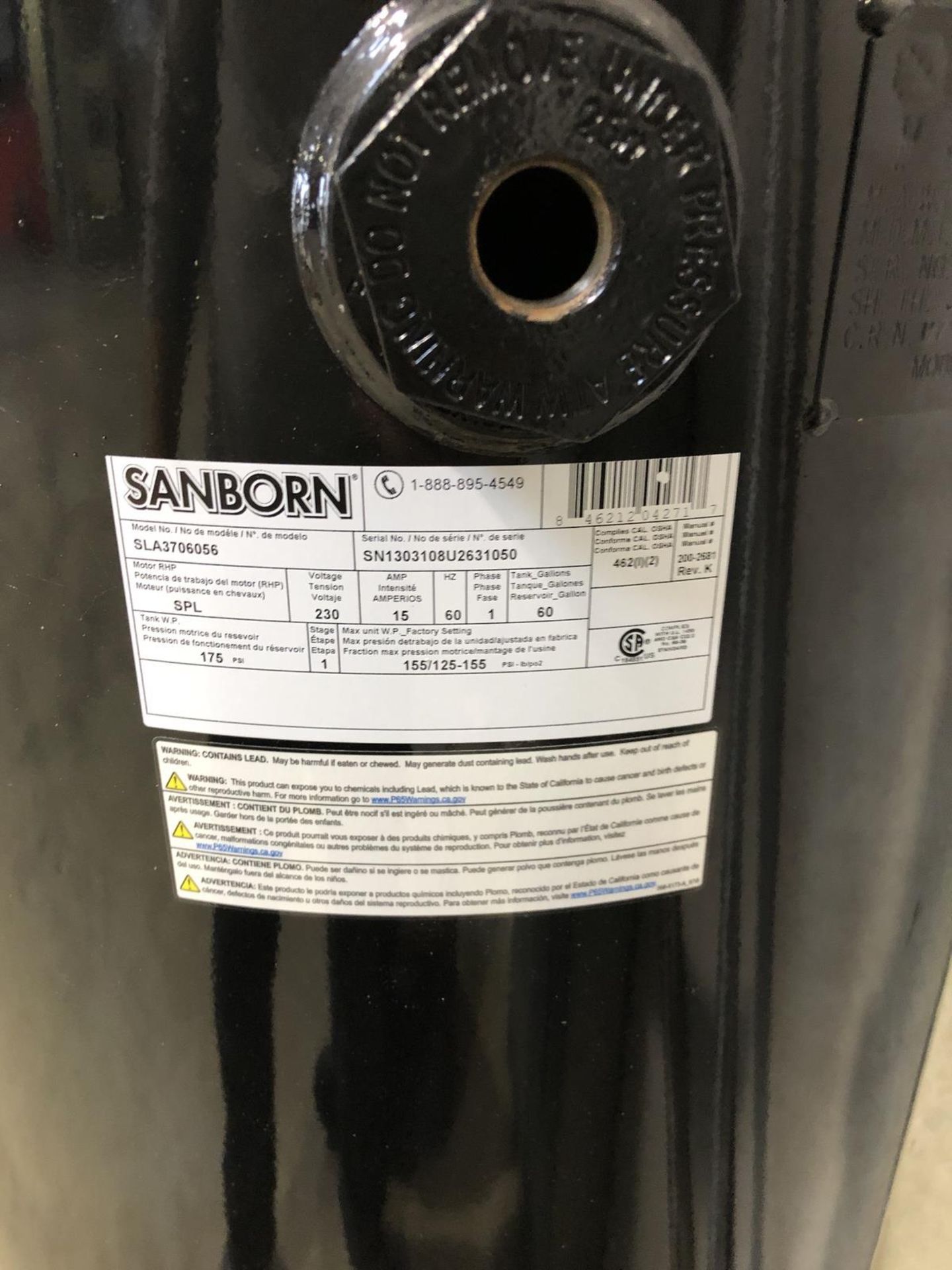 Sanborn Reciprocating Air Compressor, 60 Gallon Tank
