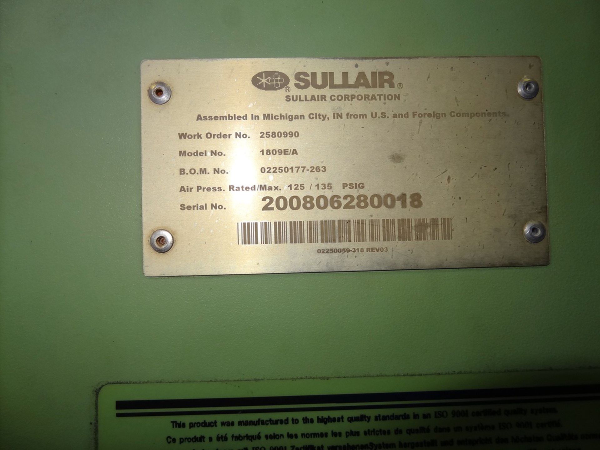 2008 Sullair 25 HP Air Compressor, Model 1809E/A, S/N: 200806280018 | Rig Fee: $350 - Image 2 of 2