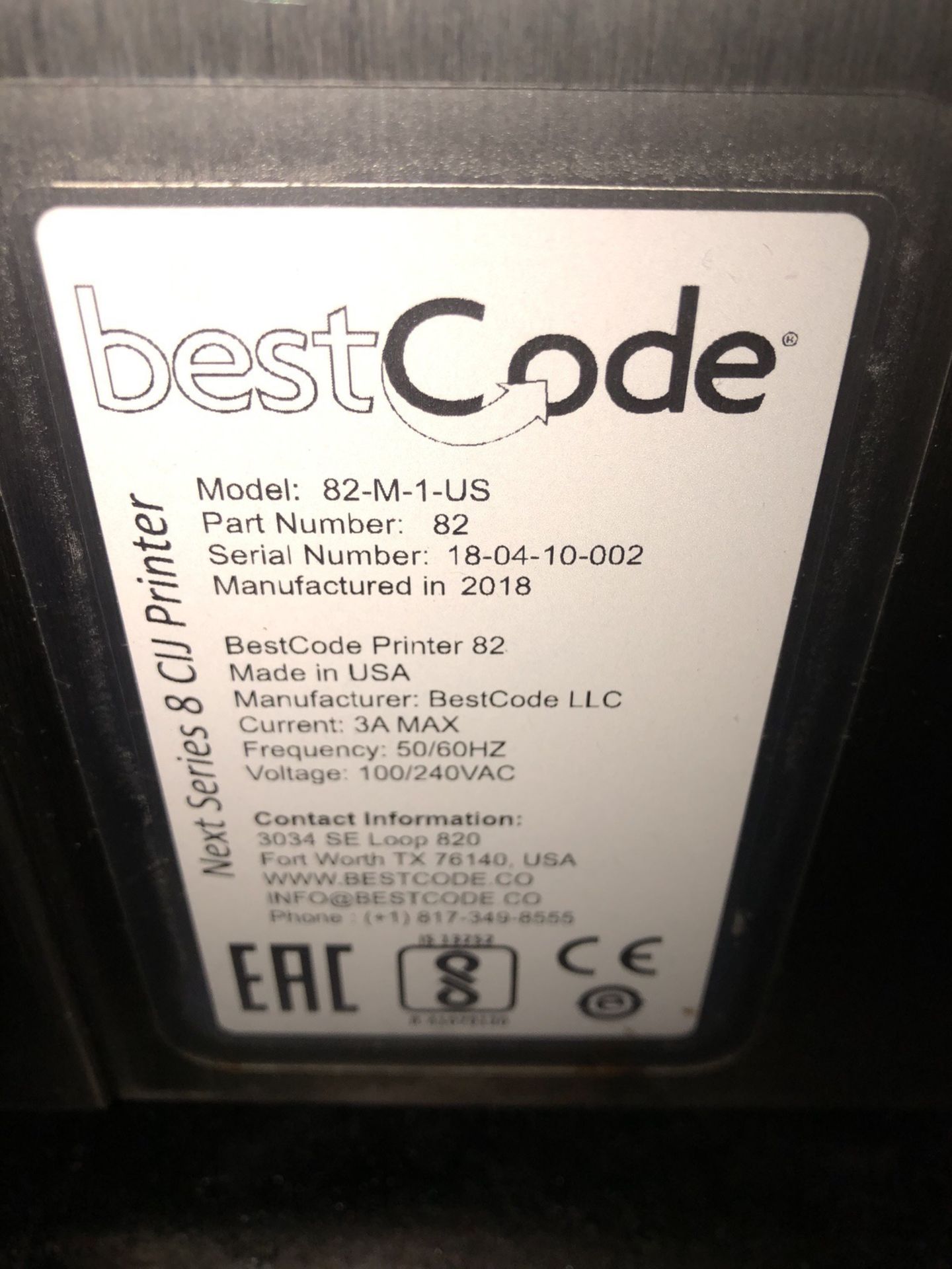 2019 Best Code Ink Jet Ink Coder, Model 82-M-1-US, S/N: 18-04-10-002 | Rig Fee: $50 - Image 4 of 4