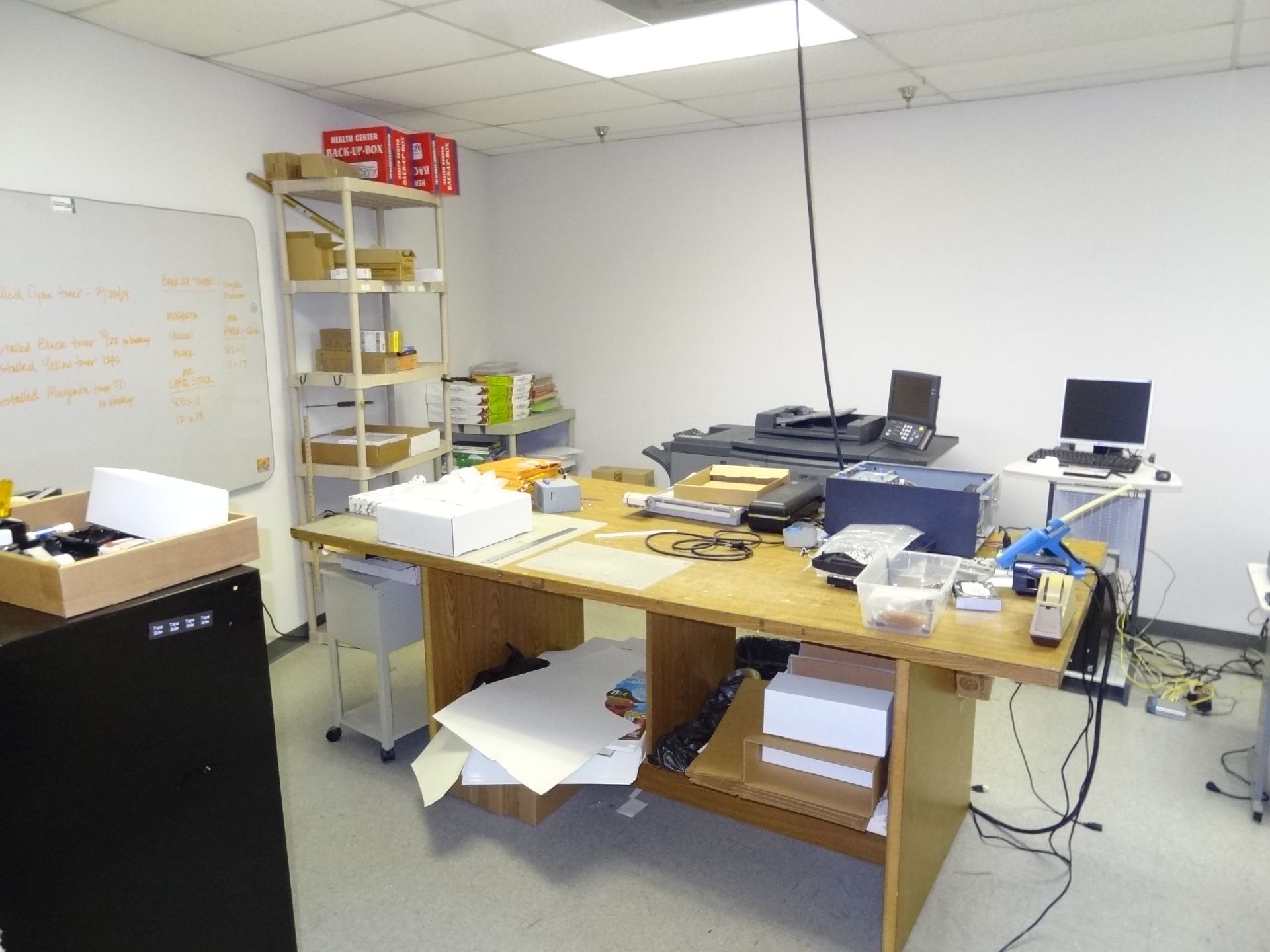 Art Room - 4 Vertical File Cabinets, 4 X 9 Elevated Worktable, Desk And 2 | Rig Fee: See Full Desc