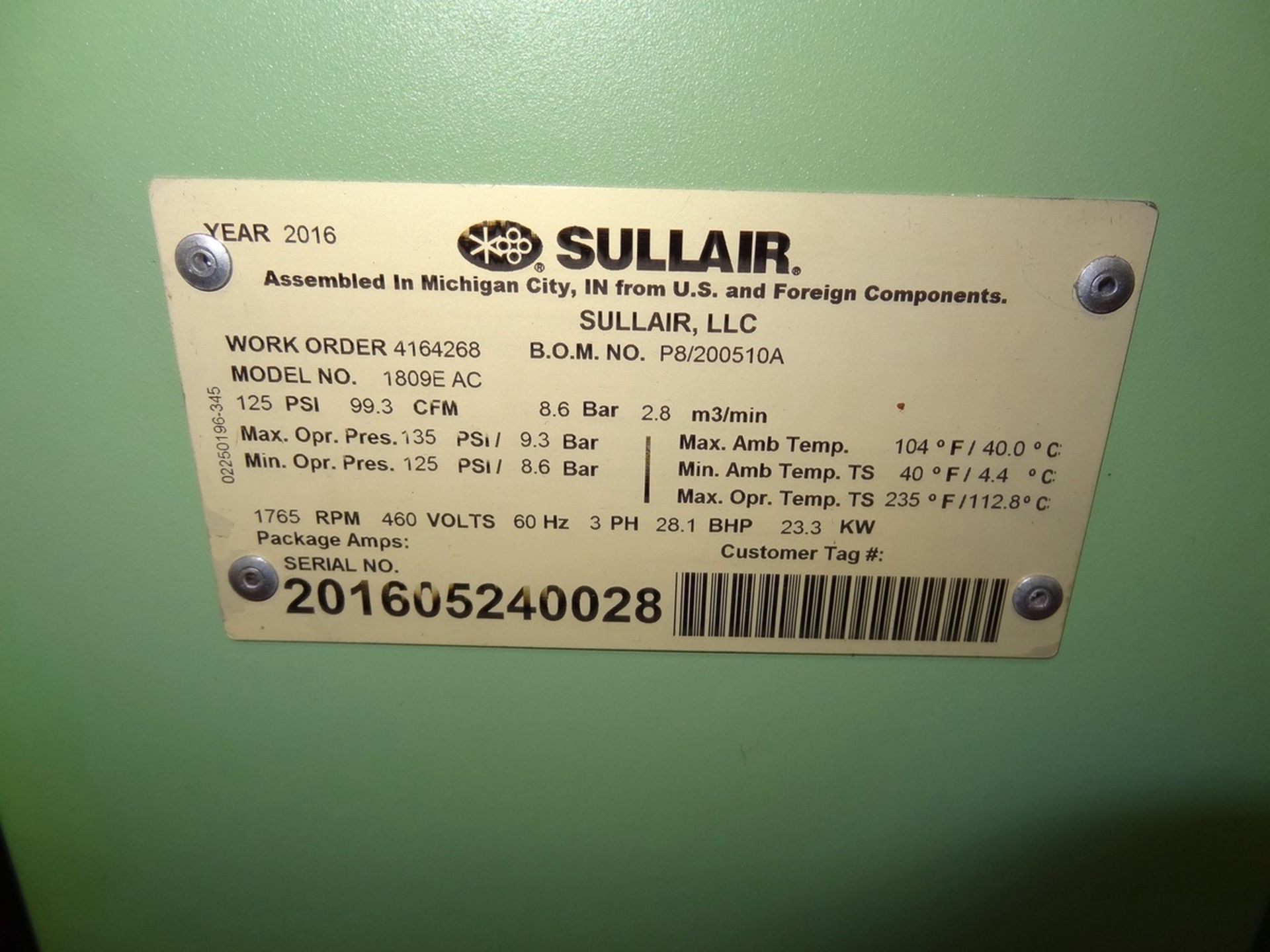 2016 Sullair 25 HP Air Compressor, Model 1809E AC, S/N: 201605240028 | Rig Fee: $350 - Image 2 of 2