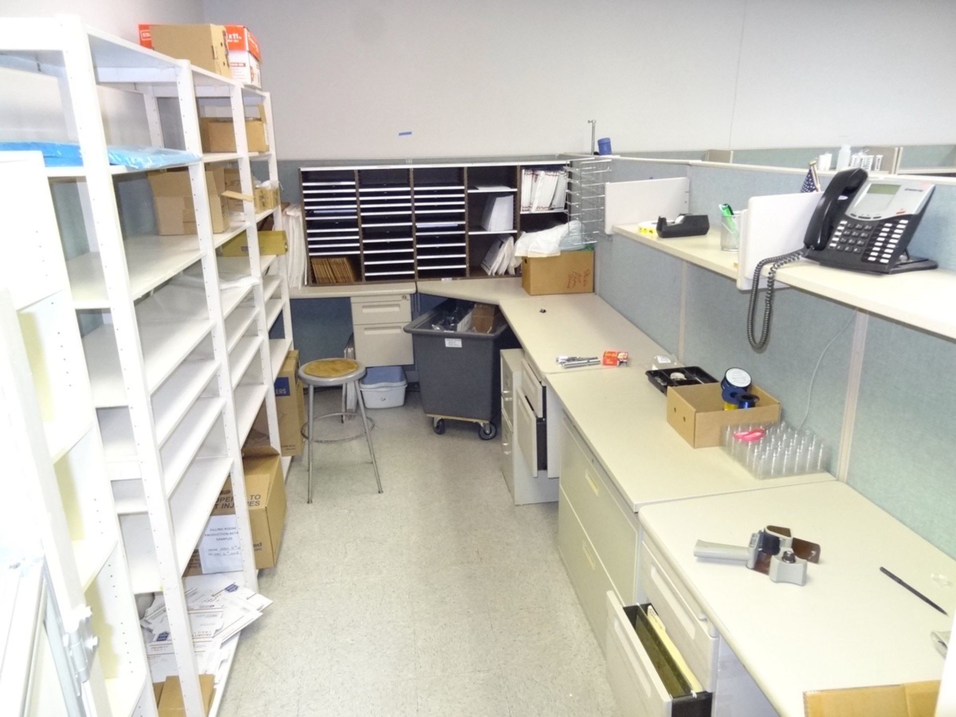 Mailroom - Cubical Desks And Shelving Contents, 4 Sets Of Shelving | Rig Fee: See Full Desc