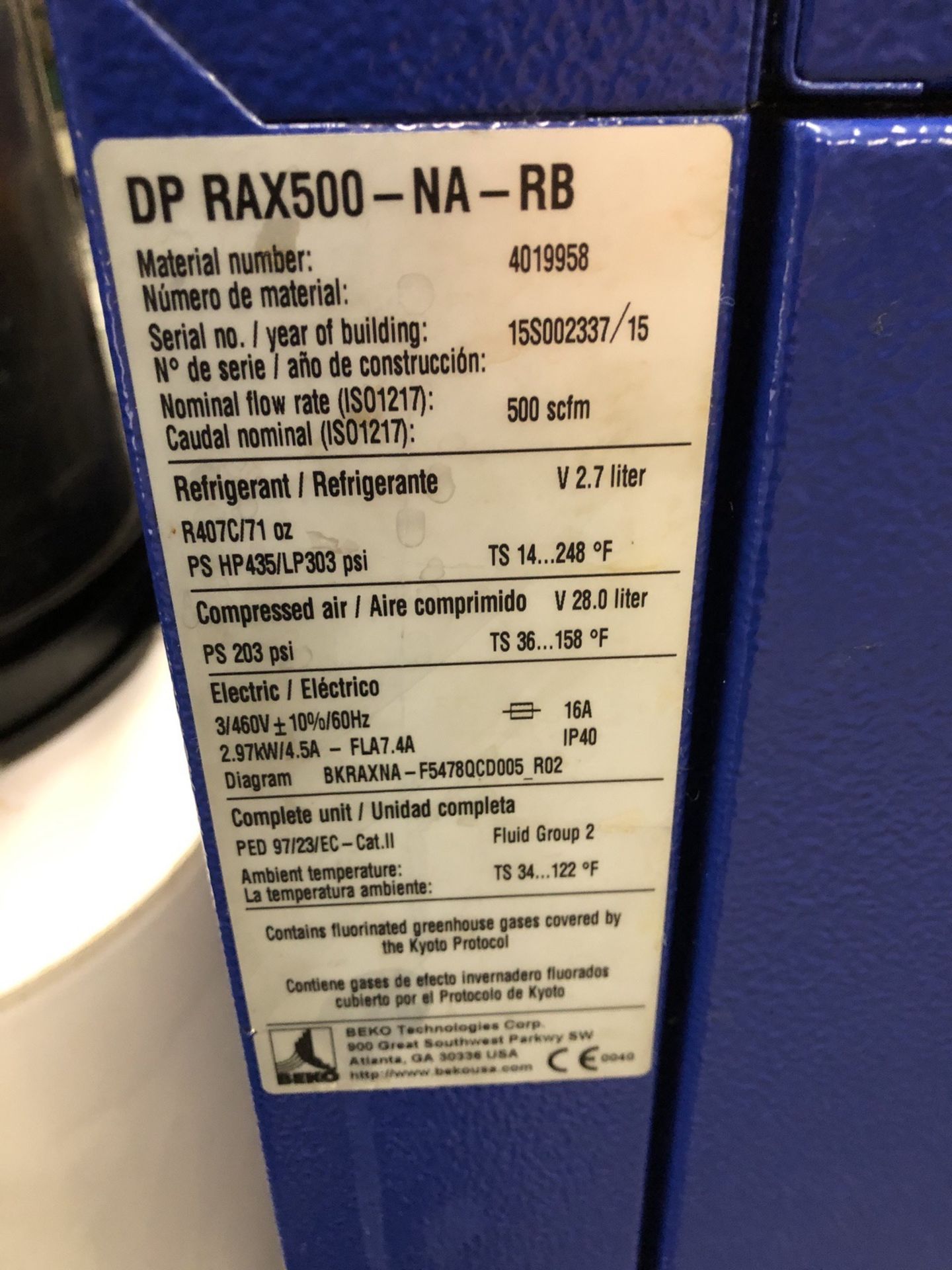 Drypoint RA Air Dryer, Model DPRAX500 - NA-RB, S/N: 155002337/15, 460V, 3 Ph, 60 | Rig Fee: $100 - Image 6 of 6