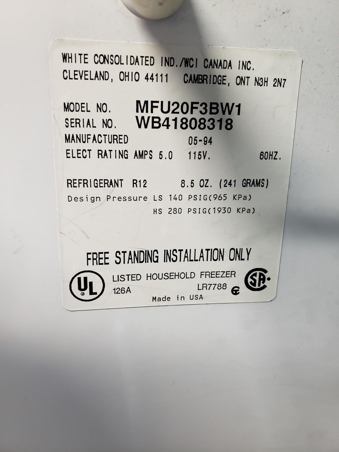 White Co. Upright Freezer, M# MFU20F3BW1, S/N WB41808318 | Rig Fee $75 - Image 2 of 2