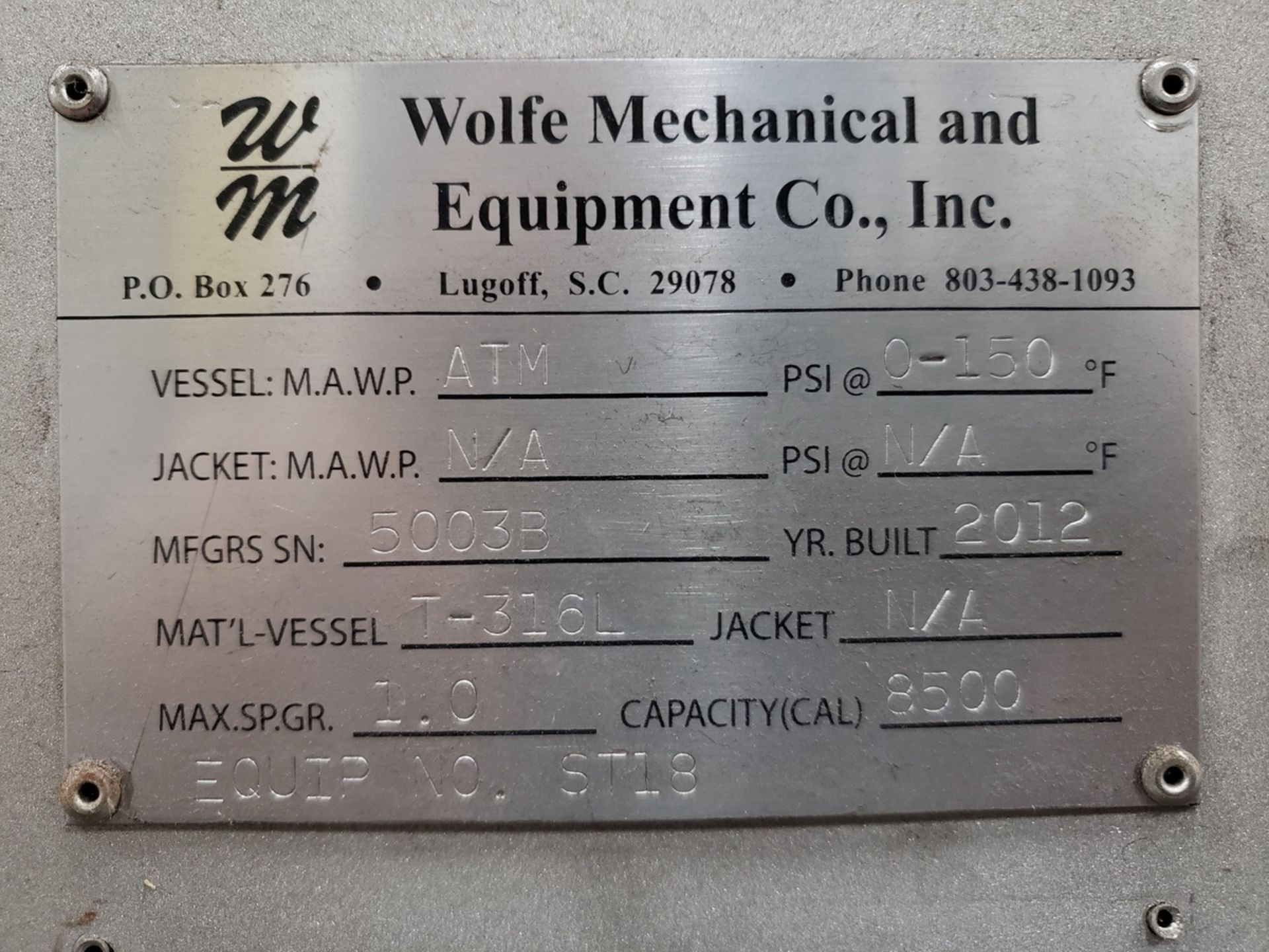 Wolfe Mechanical 316L Stainless Steel 8,500 Gallon Storage Tank, 10' Dia., 17'6" O.A | Rig Fee $3500 - Image 3 of 5