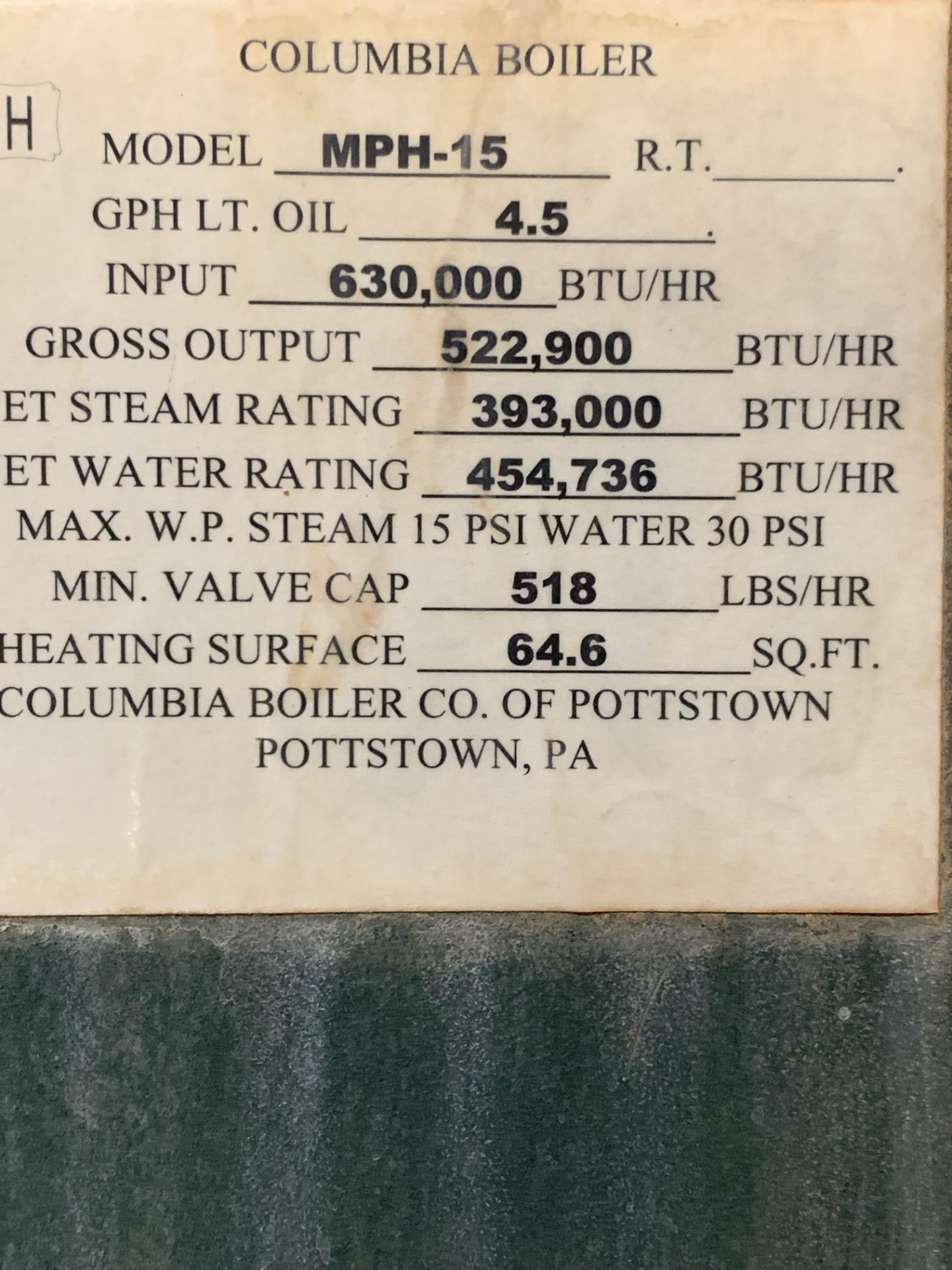 2015 Columbia MPH-15 Boiler, 630,000 BTU/HR Input, 522,900 BTU/HR Ou | Subj to Bulk | Rig Fee: $1000 - Image 6 of 7