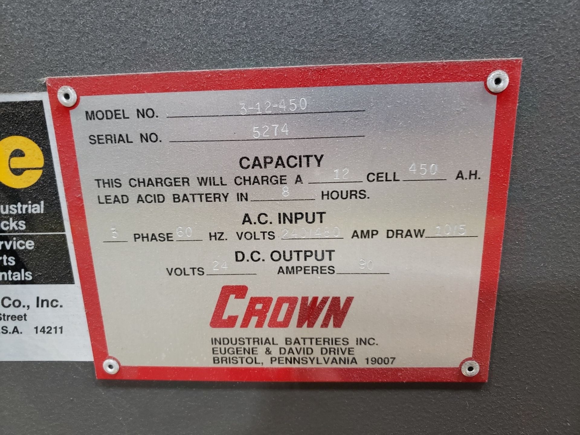 Crown Battery Charger, 24 Volt, M# 3-12-450, S/N 5274 | Rig Fee: $100 - Image 2 of 2