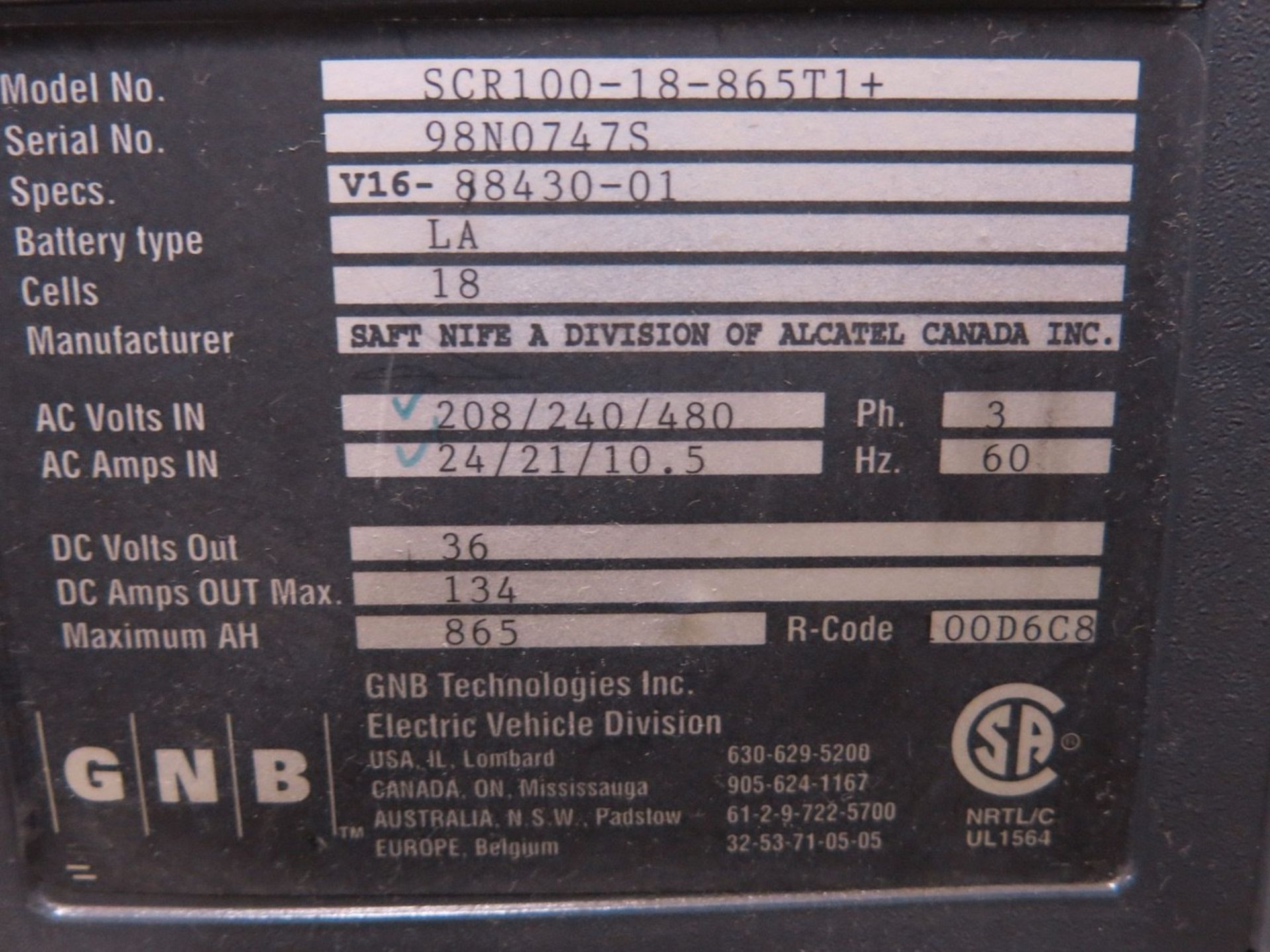GNB M/N SCR100-18-865T1Z, 36V Battery Charger | Rig Fee: $75 - Image 2 of 2