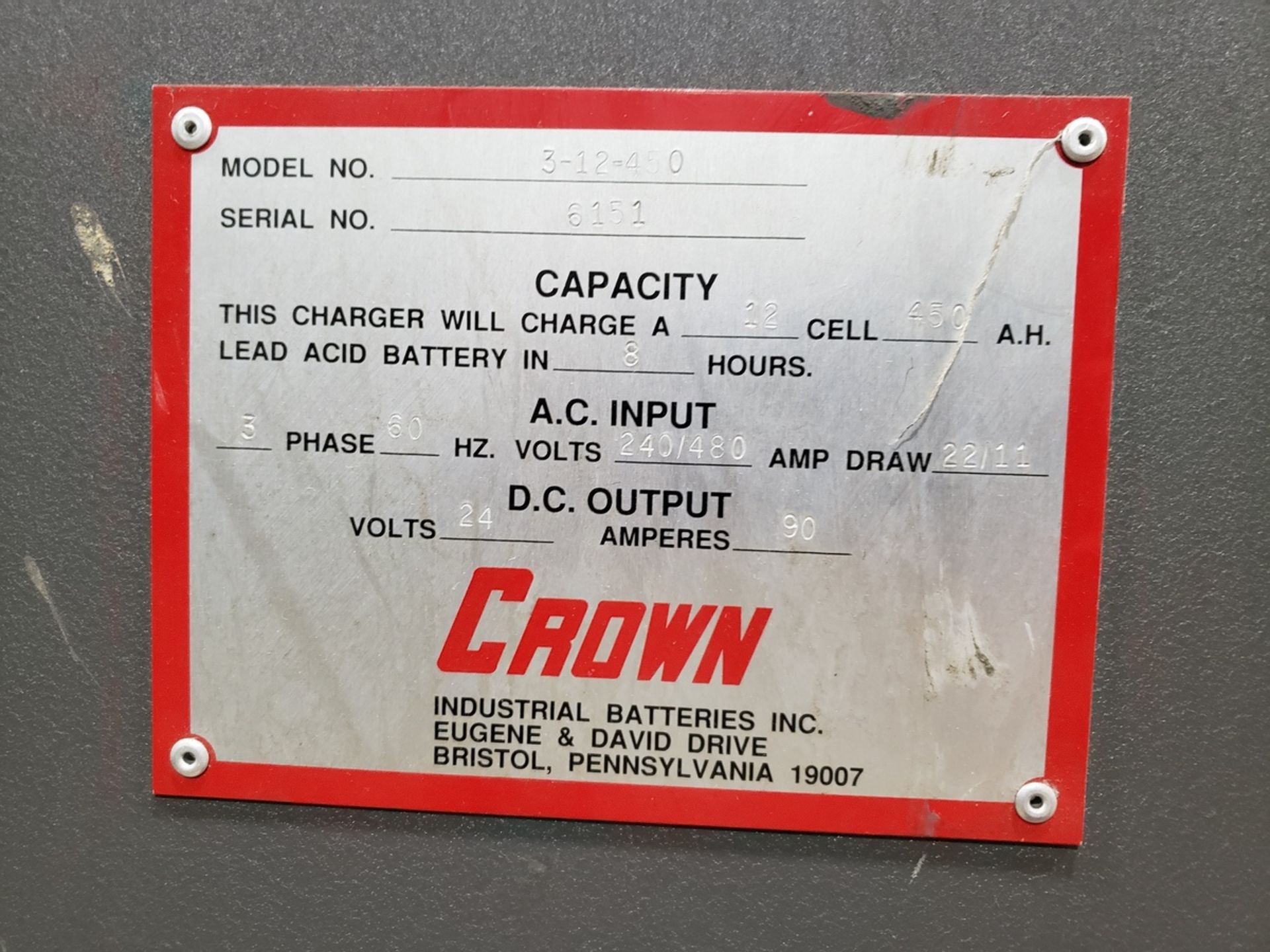Crown Battery Charger, 24 Volt, M# 3-12-450, S/N 6151 | Rig Fee: $100 - Image 2 of 2
