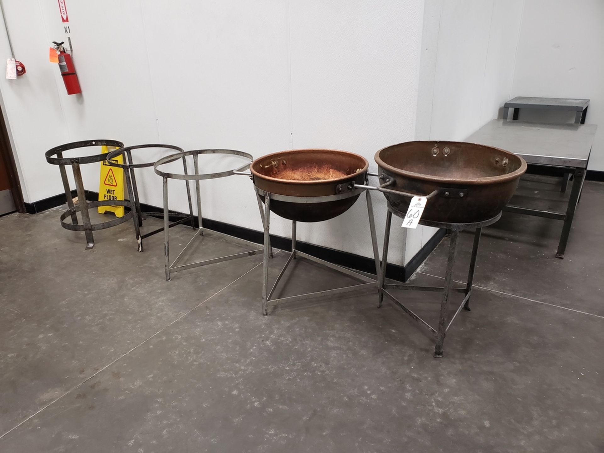 Lot of (2) Copper Cooking Kettles & (5) Cooling Stands | Rig Fee: $100