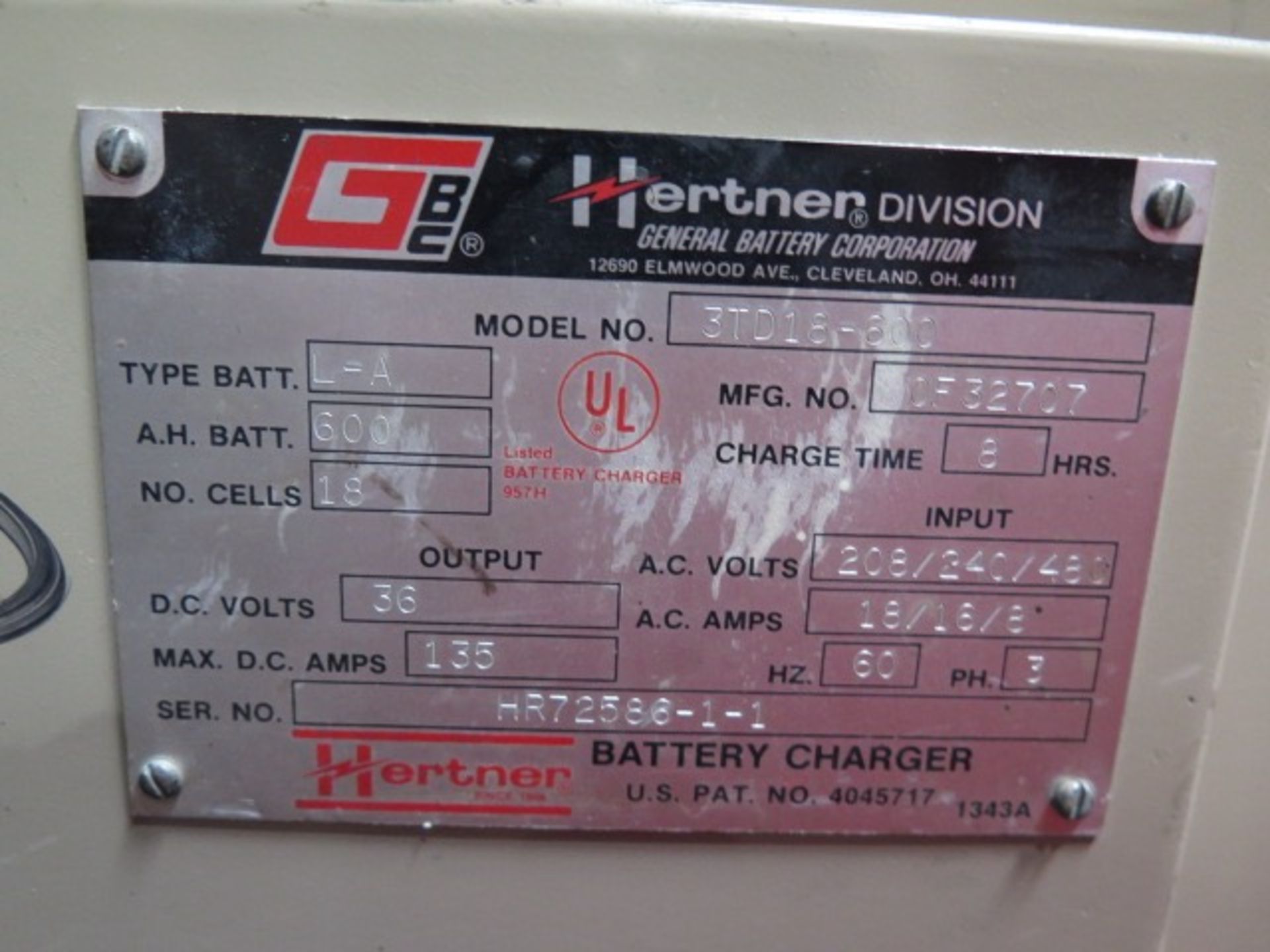 General Battery Corp. Model 3TD18-600 36 Volt 18-Cell Battery Charger s/n OF32707 | Rig Fee: $100 - Image 5 of 5