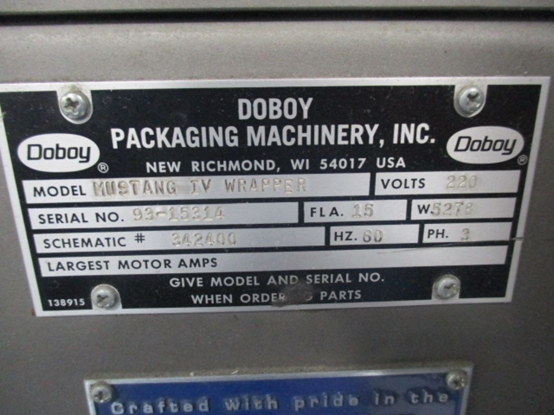 Doboy Model Mustang IV Pass Through Conveyor Type Wrapper, S/N 93-15314, (1993); | Rig Fee: $450 - Image 6 of 6