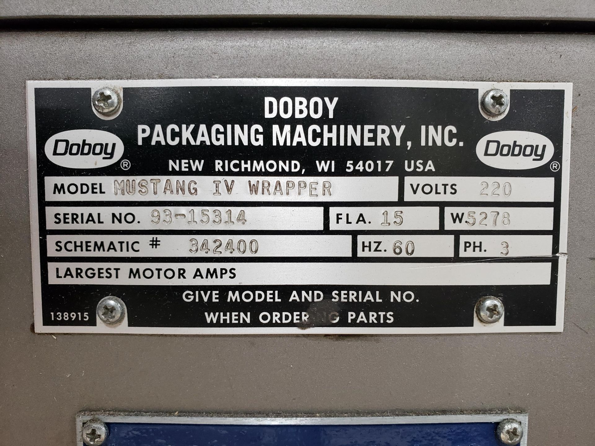 Doboy Model Mustang IV Pass Through Conveyor Type Wrapper, S/N 93-15314, (1993); | Rig Fee: $450 - Image 3 of 6