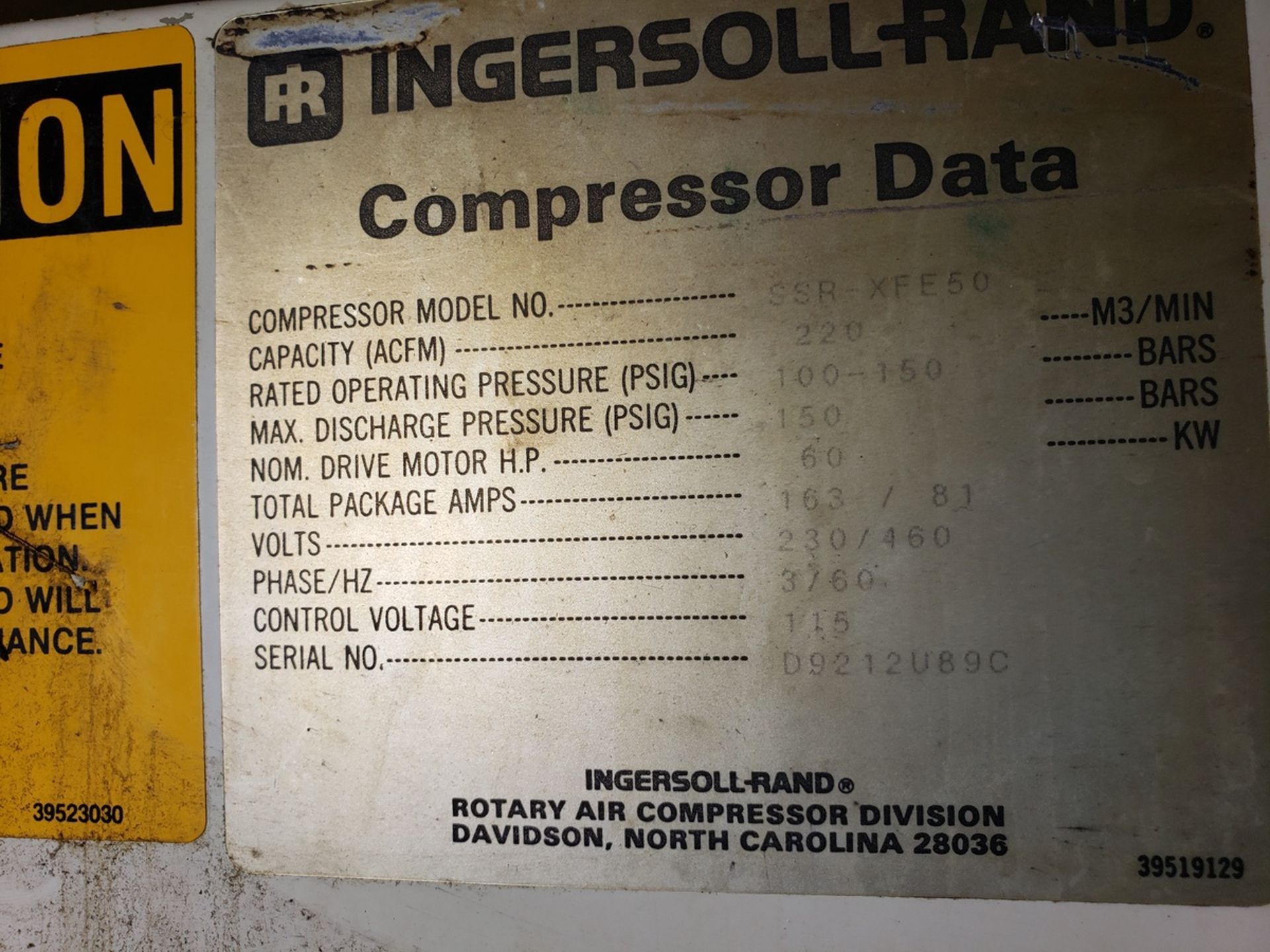 Ingersoll Rand 60 HP Rotary Screw Air Compressor, M# SSR-XFE50, S/N D9212U89C | Rig Fee: $450 - Image 2 of 4