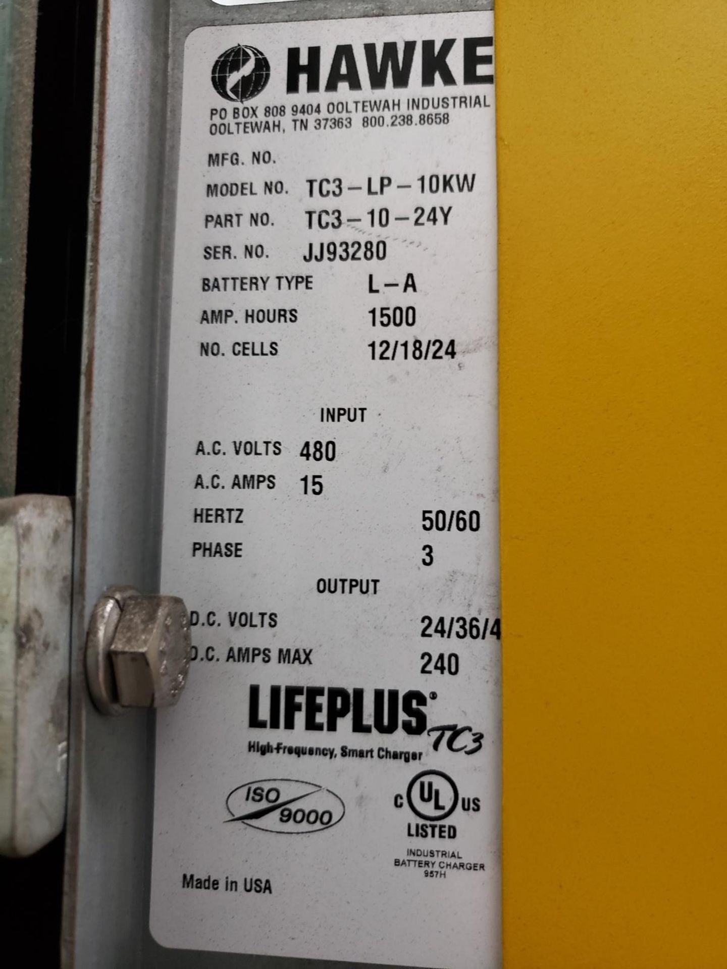 Hawker Lifeplus TC3 Battery Charger, 24/36/48 Volts, M# TC3-LP-10KW, S/N JJ93280 | Rig Fee $100 - Image 2 of 2