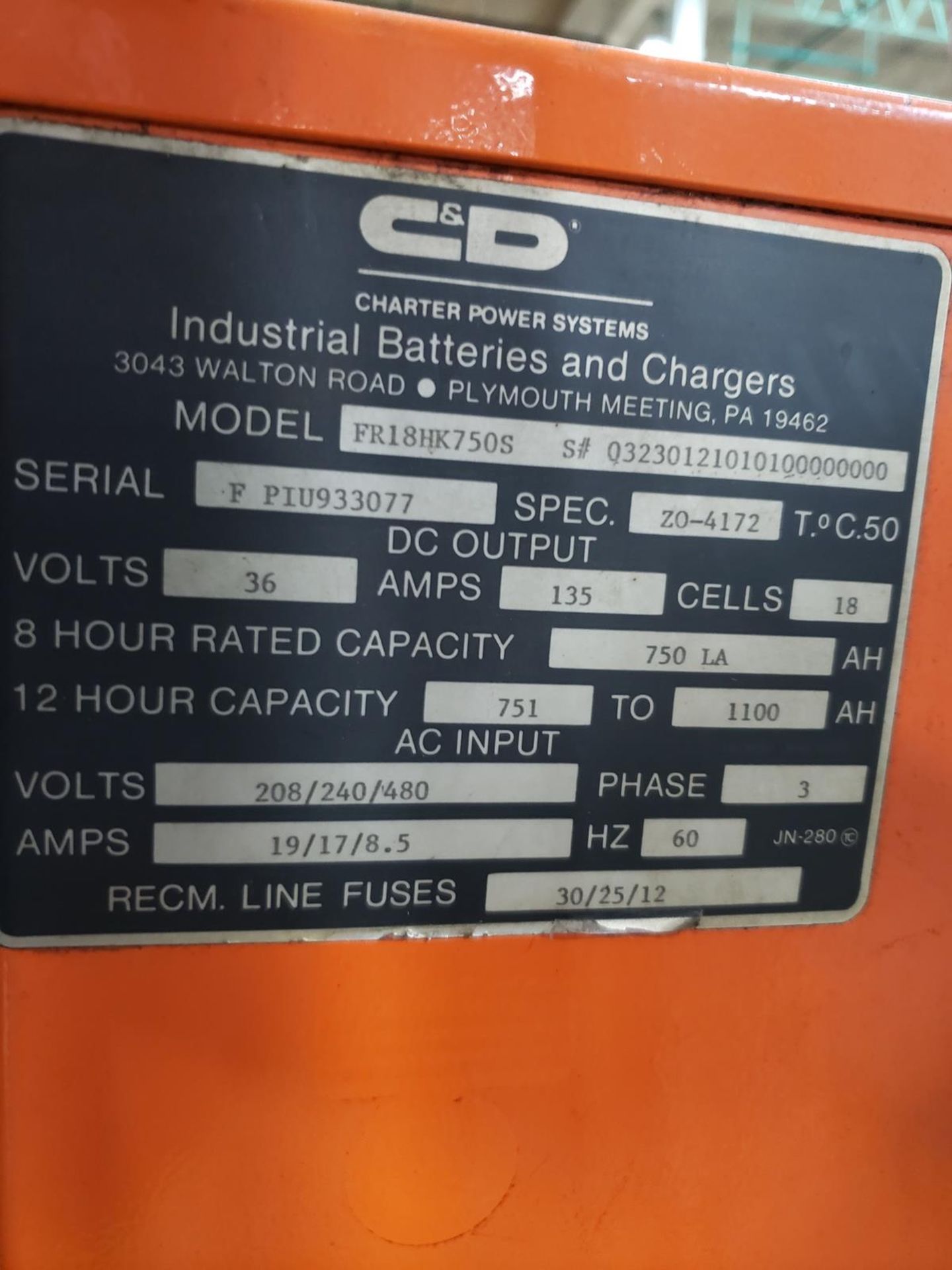 C&D Battery Charger, 36 Volt, M# FR18HK750S, S/N 0323012101010000000 | Rig Fee $100 - Image 2 of 2