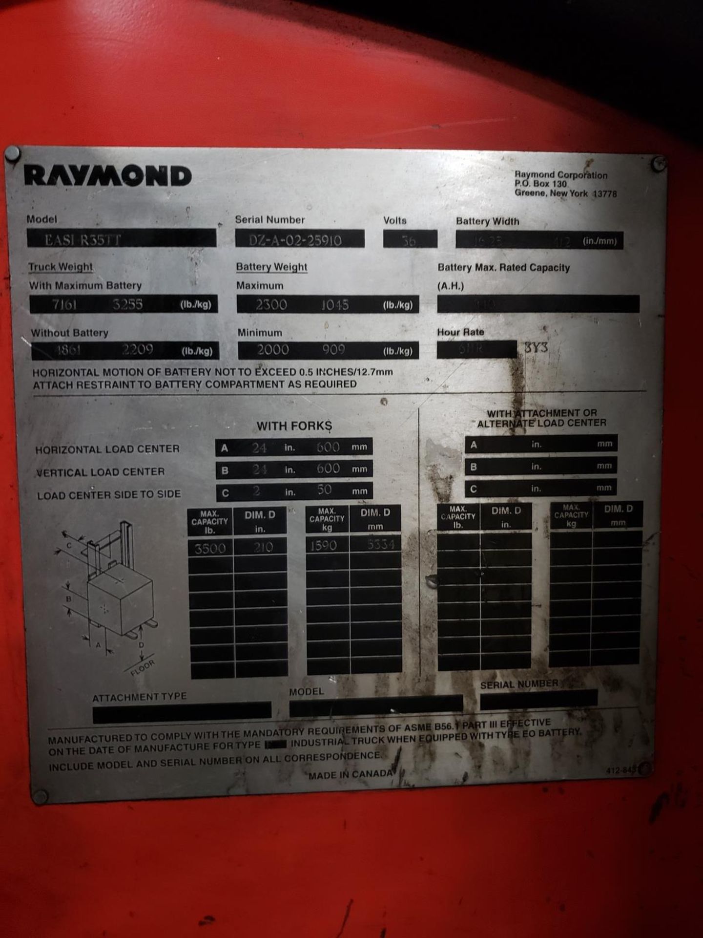 Raymond Forklift, Electric, 36 Volt, Cap. 3500 lbs., M# EASI R35TT, S/N DZ-A-02-2591 | Rig Fee $150 - Image 2 of 2