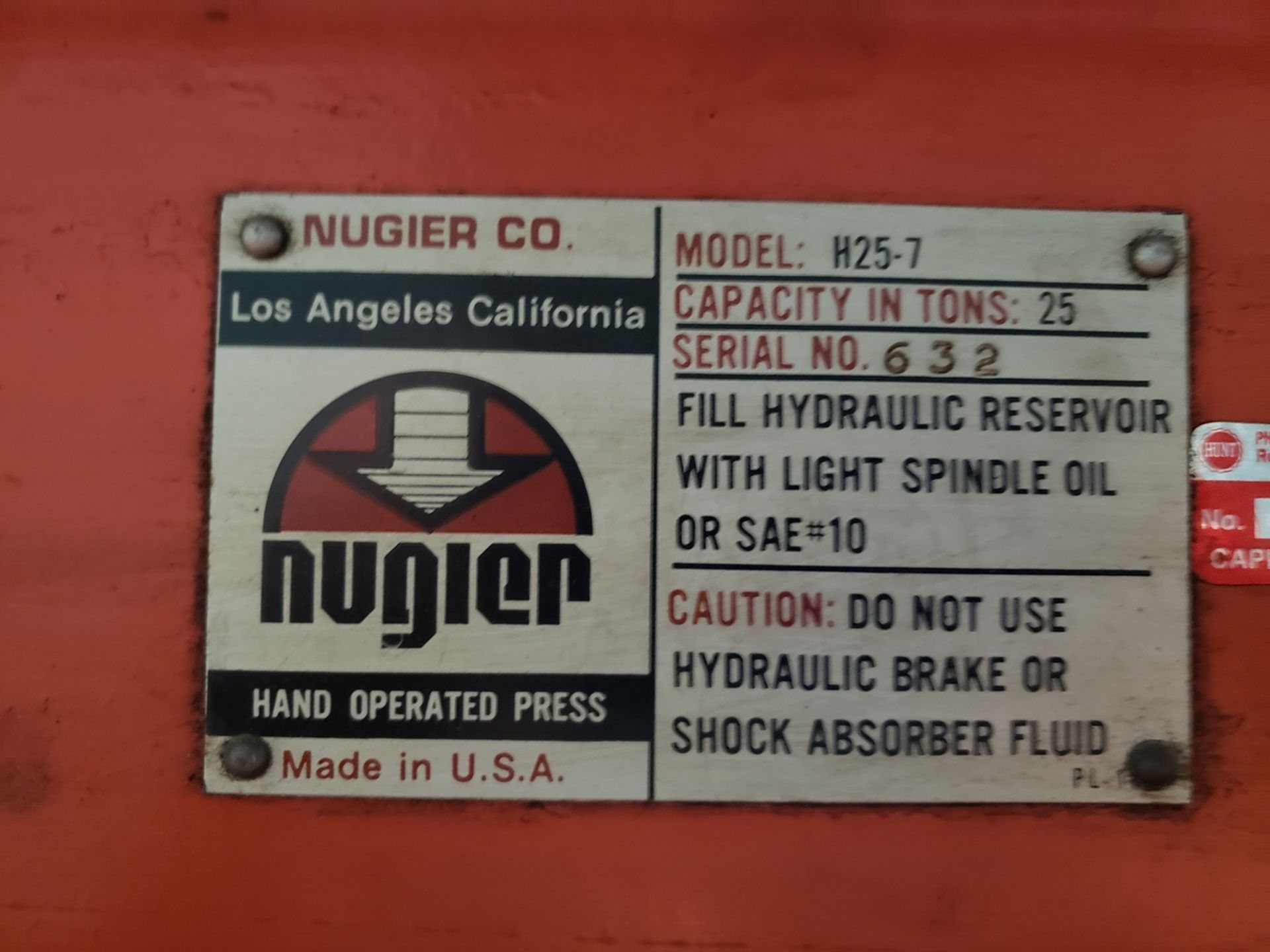 Nugier H-Frame Press, M# H25-7, S/N 632 | Rig Fee $100 - Image 2 of 2