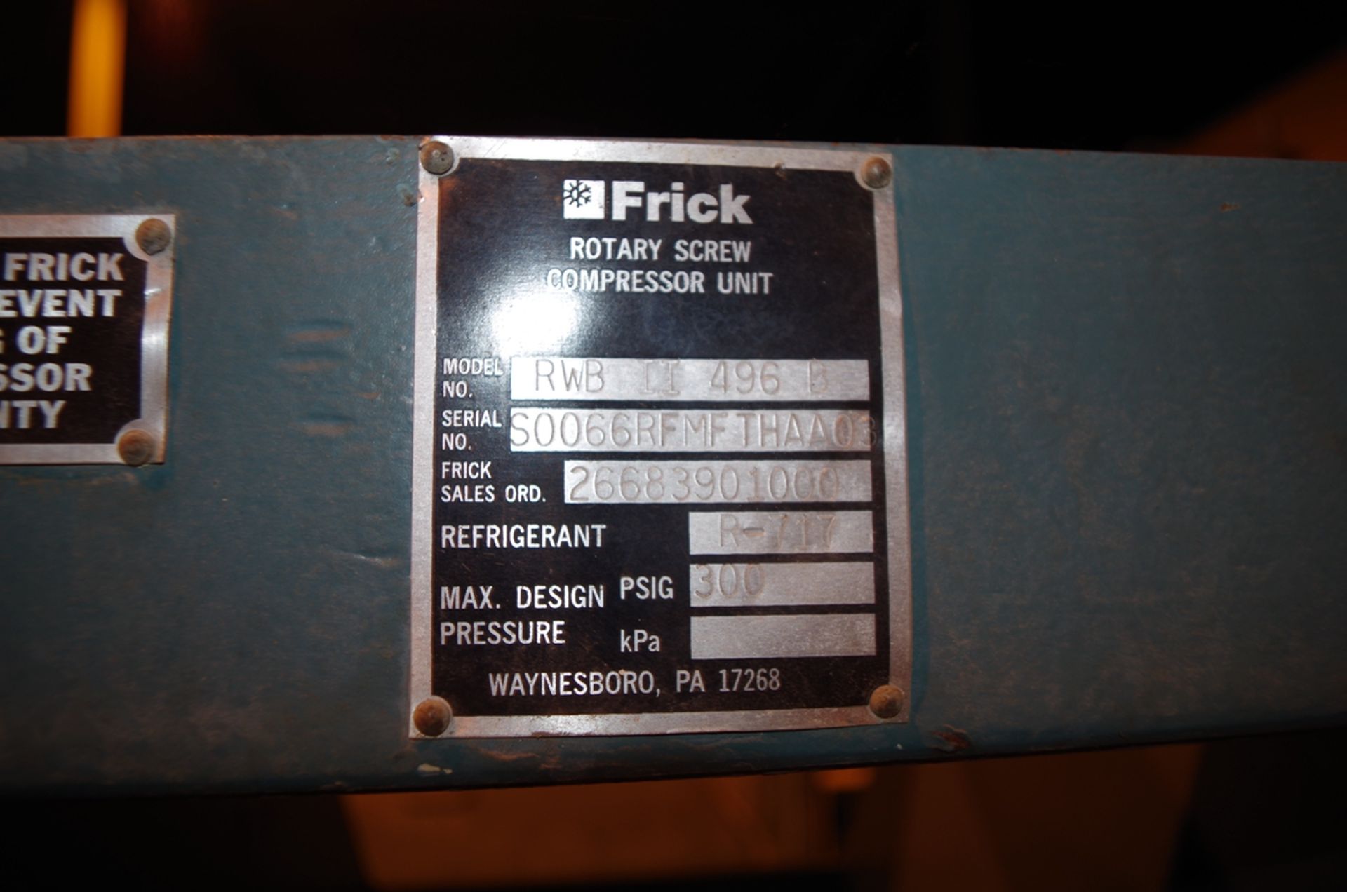 Frick 300HP Rotary Screw Ammonia Compressor, Model RWB II 496B, S/N S0066RFMFTHA003 | Rig Fee: $1000 - Image 4 of 4