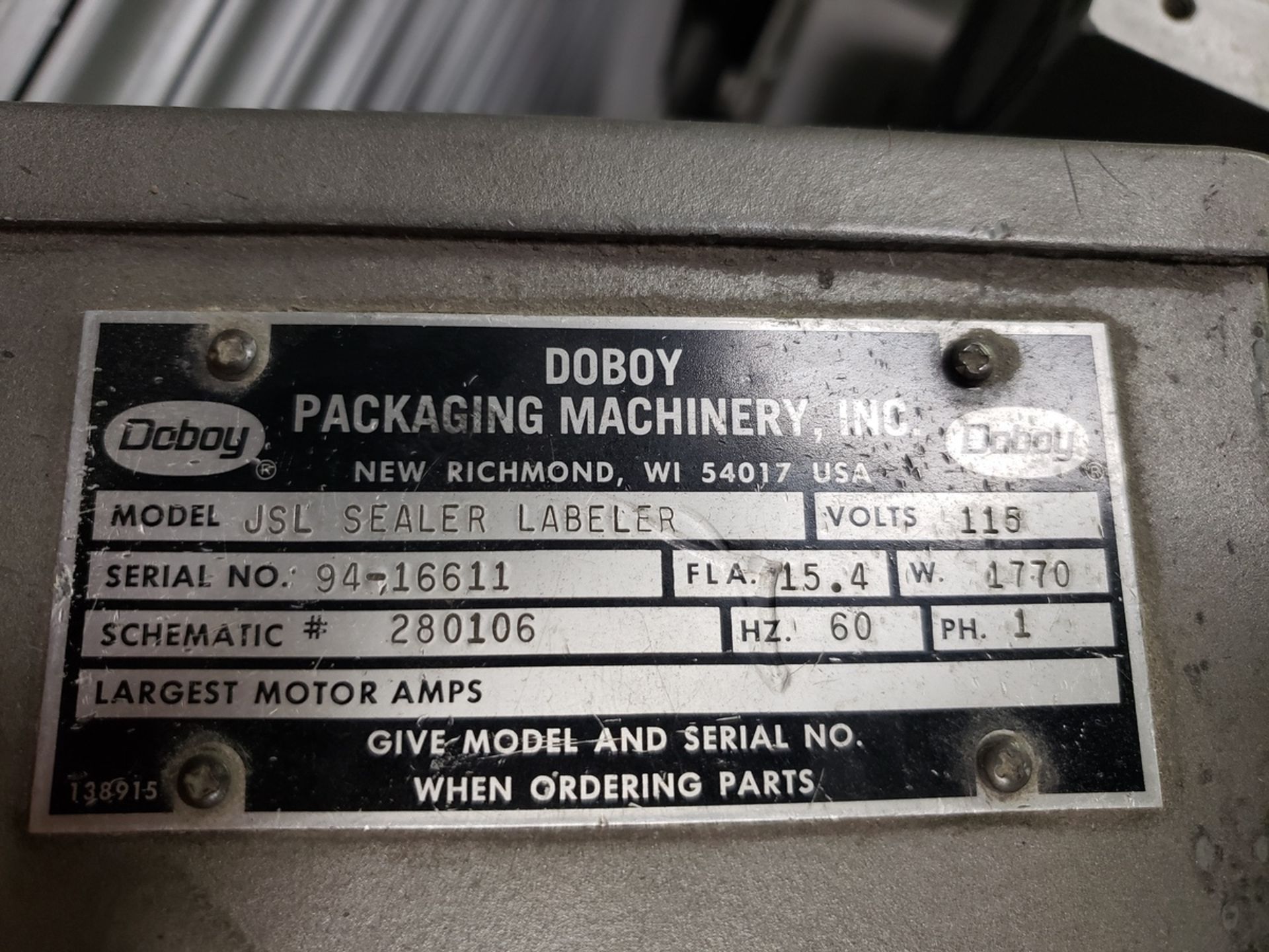 Doboy Model JSL Header Labeler Bag Sealer, S/N 94-16611, Asset #5, (1994) | Rig Fee: $250 - Image 2 of 2