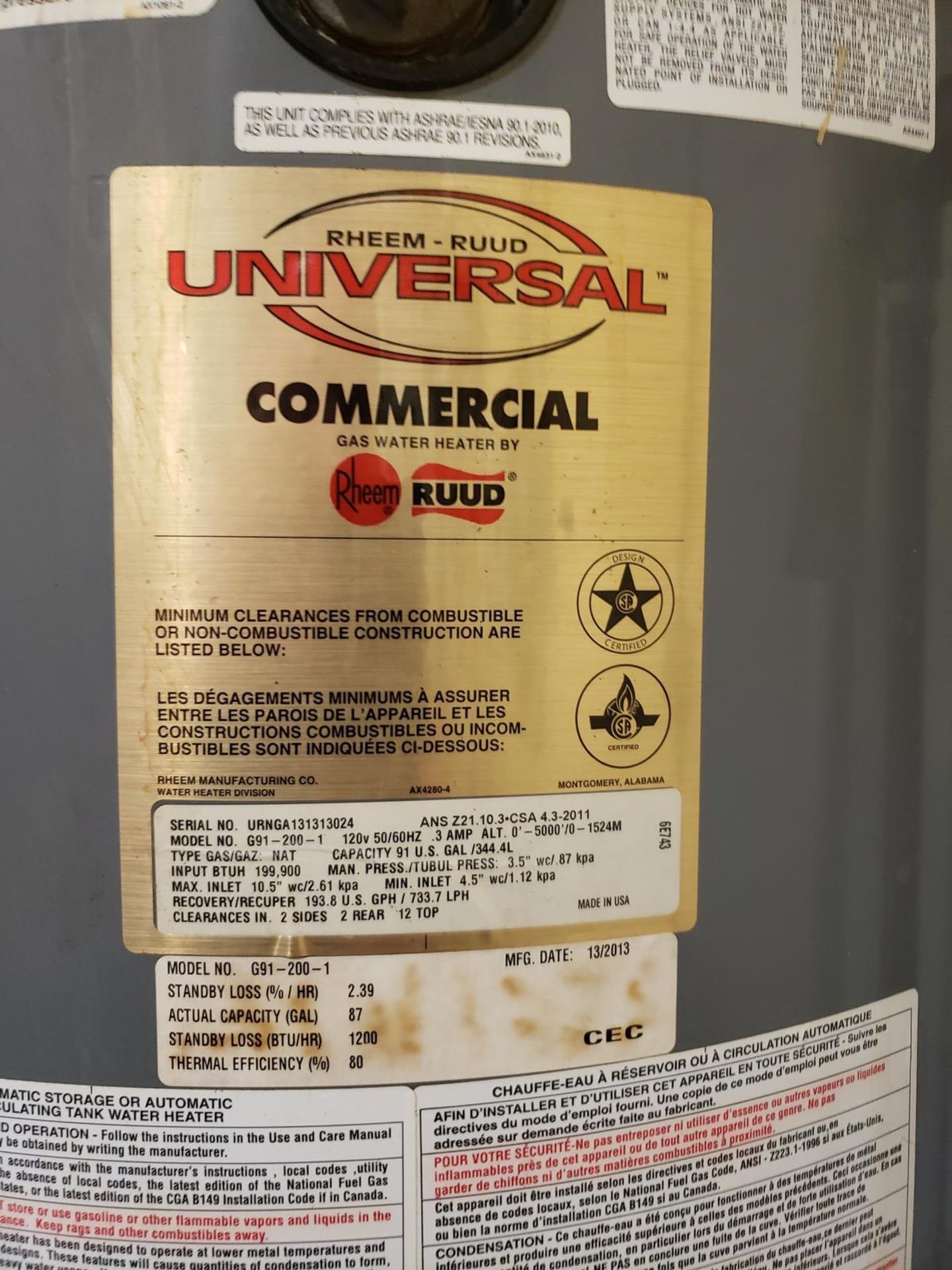 Rheem/Ruud 91 Gallon Hot Water Heater, M# G91-200-1 - Loc: NJ | Rig Fee: $115 - Image 2 of 2