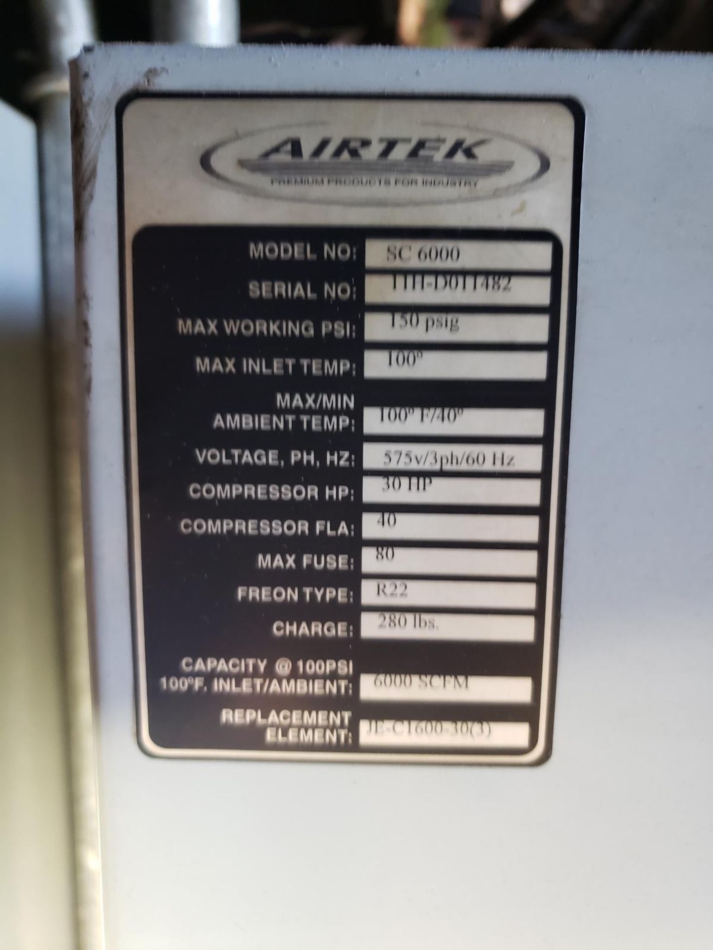 Airtek Refrigerated Air Dryer, M# SC-6000, S/N 11H-D011482 Rig Fee: $550 - Image 2 of 2
