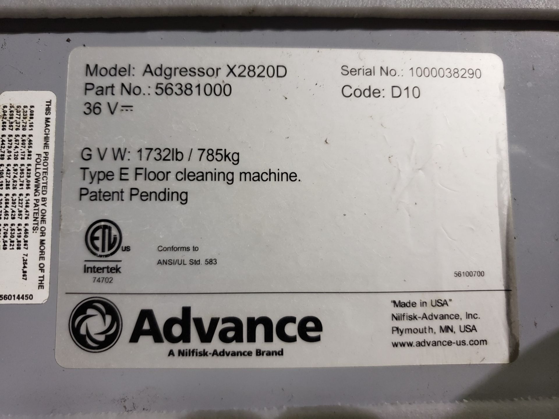 Advance Type E Power Floor Scrubber, M# Adgressor X2820D, S/N 1000038290, W/ Charger Rig Fee: $75 - Image 2 of 5