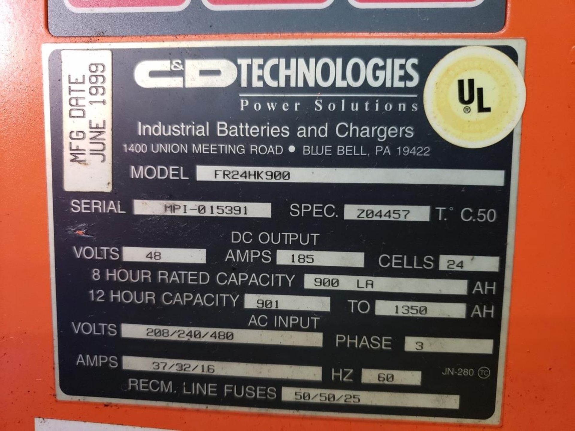 C&D 48 Volt, 185 Amp Battery Charger Rig Fee: $75 - Image 2 of 2