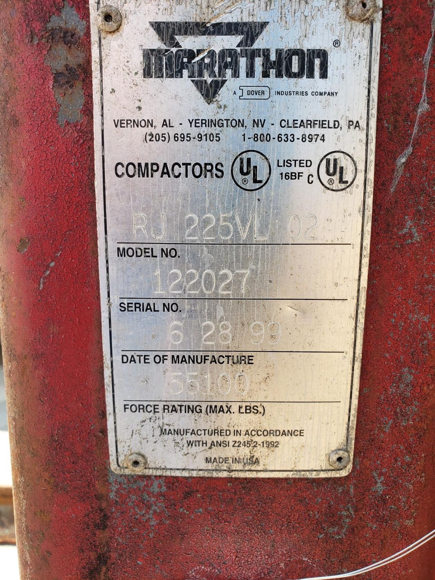 Marathon Waste Compactor, M# RJ225VL, S/N 122027 Rig Fee: $700 - Image 2 of 3