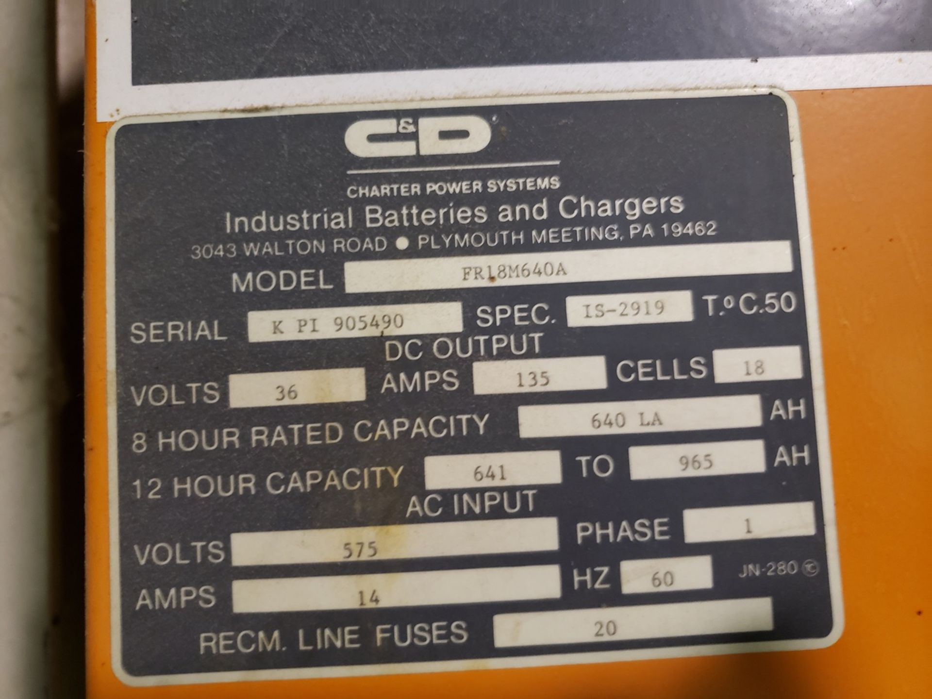 C&D 36 Volt, 135 Amp Battery Charger Rig Fee: $75 - Image 2 of 2