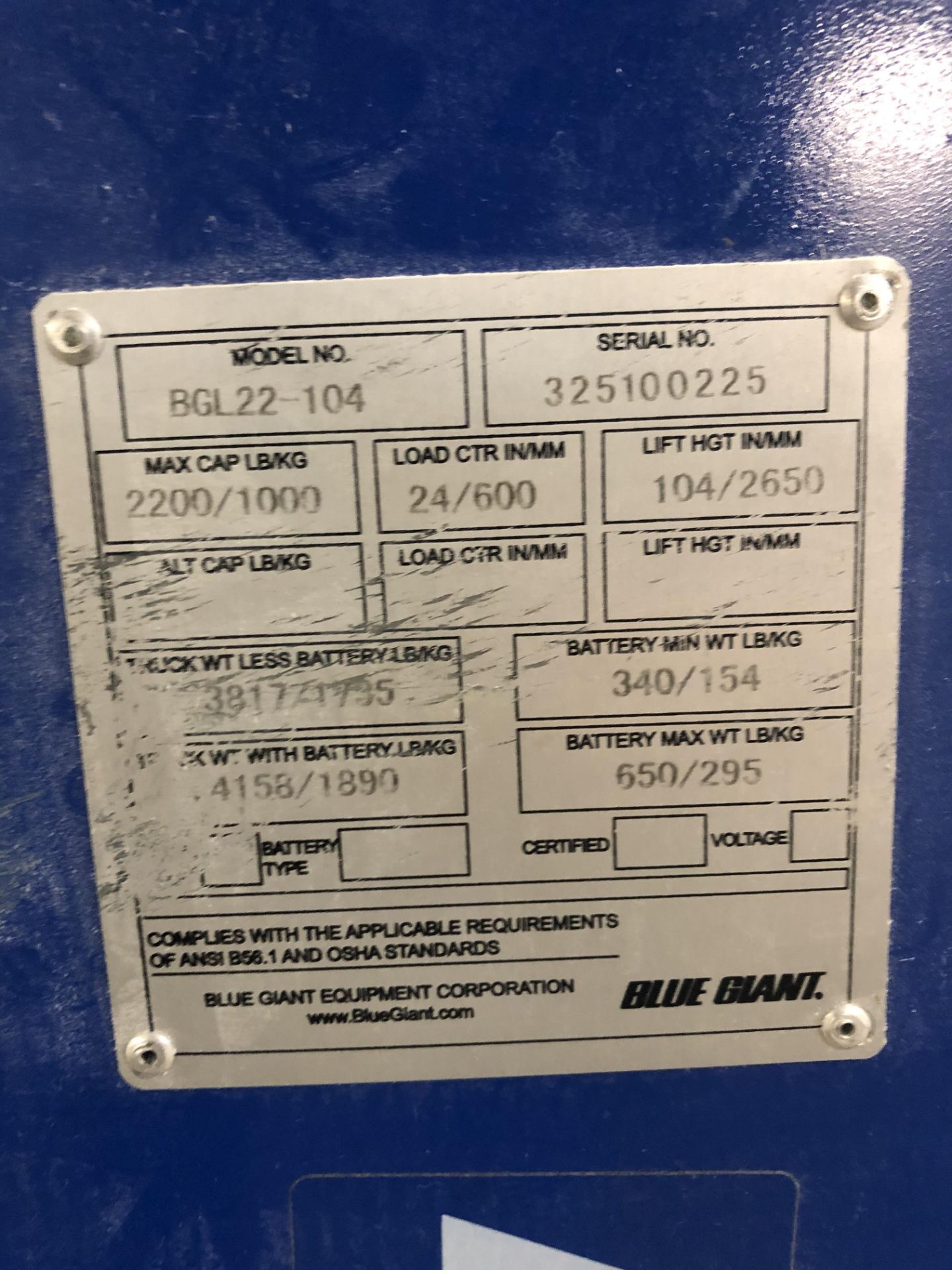 Blue Giant Model BGL22-104 Counter-Balanced Walkie, 2,200 LB Capacity, 104in Lift Hei Rig Fee: $75 - Image 3 of 3