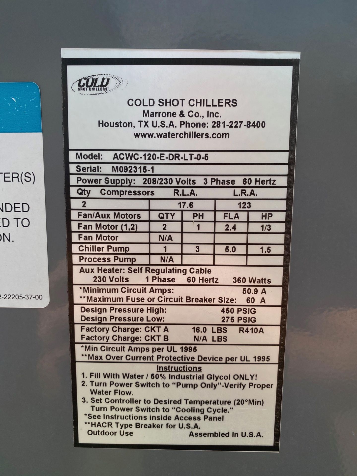 Cold Shot Glycol Chiller, (2) Compressors, Model: ACWC-120-E-DR-LT-0- - Subj to Bulk | Rig Fee: 1500 - Image 2 of 3