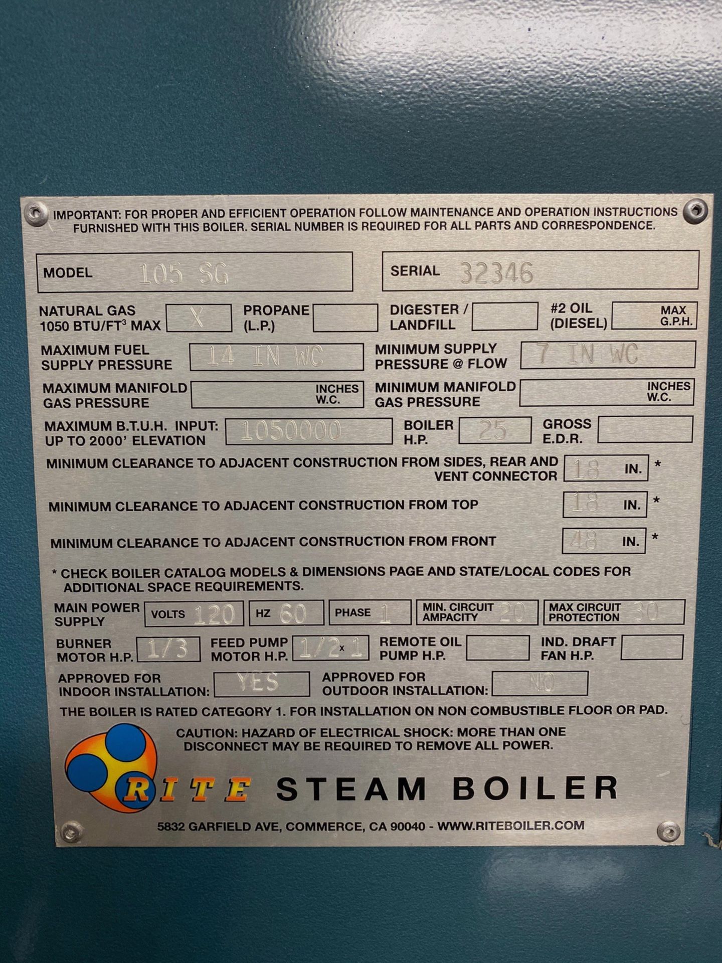 2016 Rite Model 105SG Natural Gas Steam Boiler, 25 HP, MAWP 15 PSI, M - Subj to Bulk | Rig Fee: 1500 - Image 5 of 6