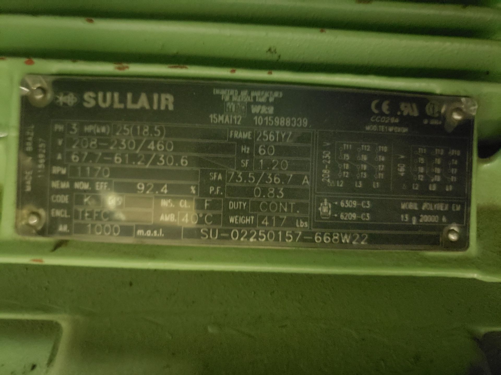 Sullair 25 HP Rotary Screw Air Compressor, M# 1809E/A, S/N 200701110098 | Rig Fee: $250 - Image 2 of 4