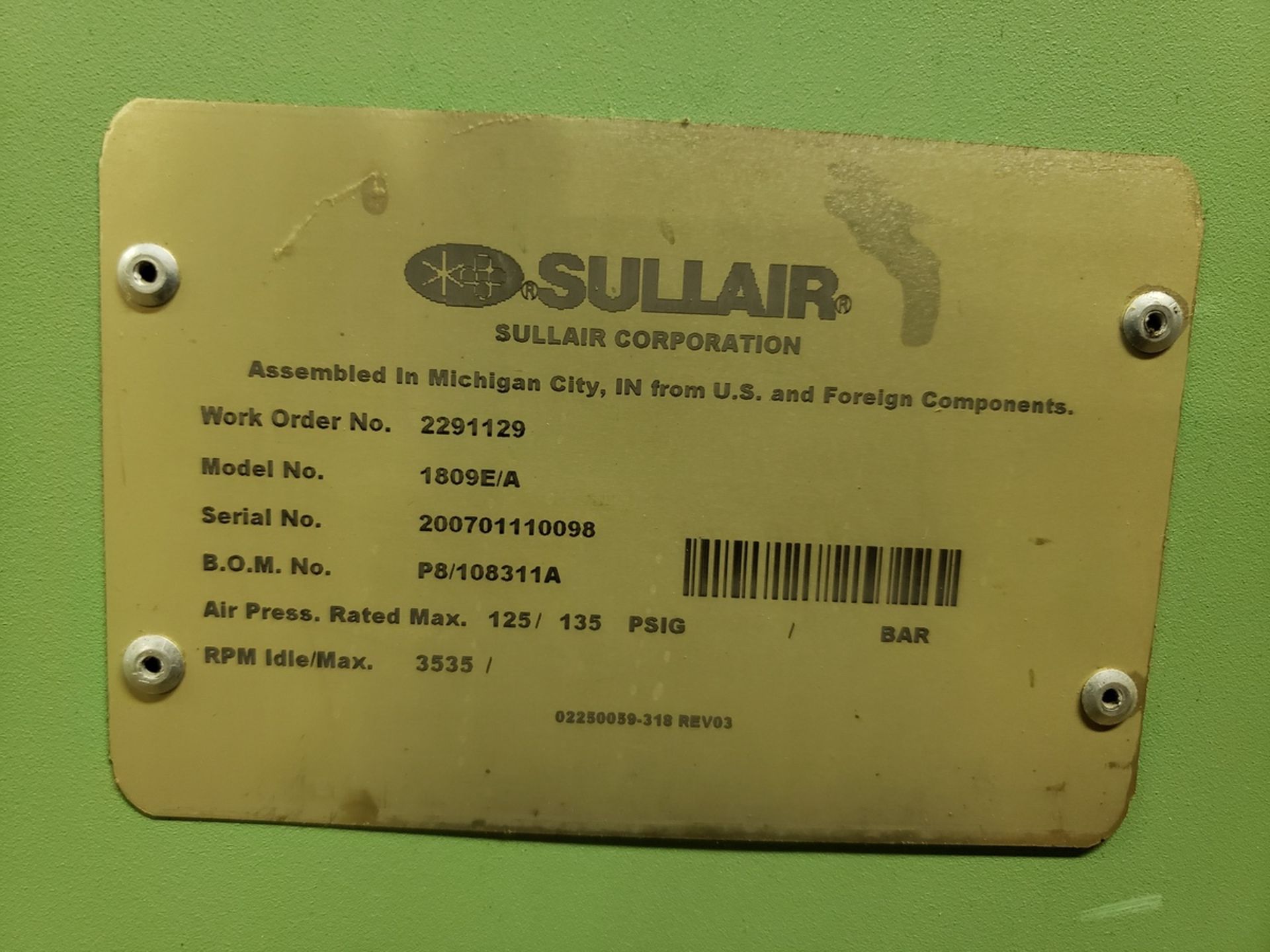 Sullair 25 HP Rotary Screw Air Compressor, M# 1809E/A, S/N 200701110098 | Rig Fee: $250 - Image 4 of 4