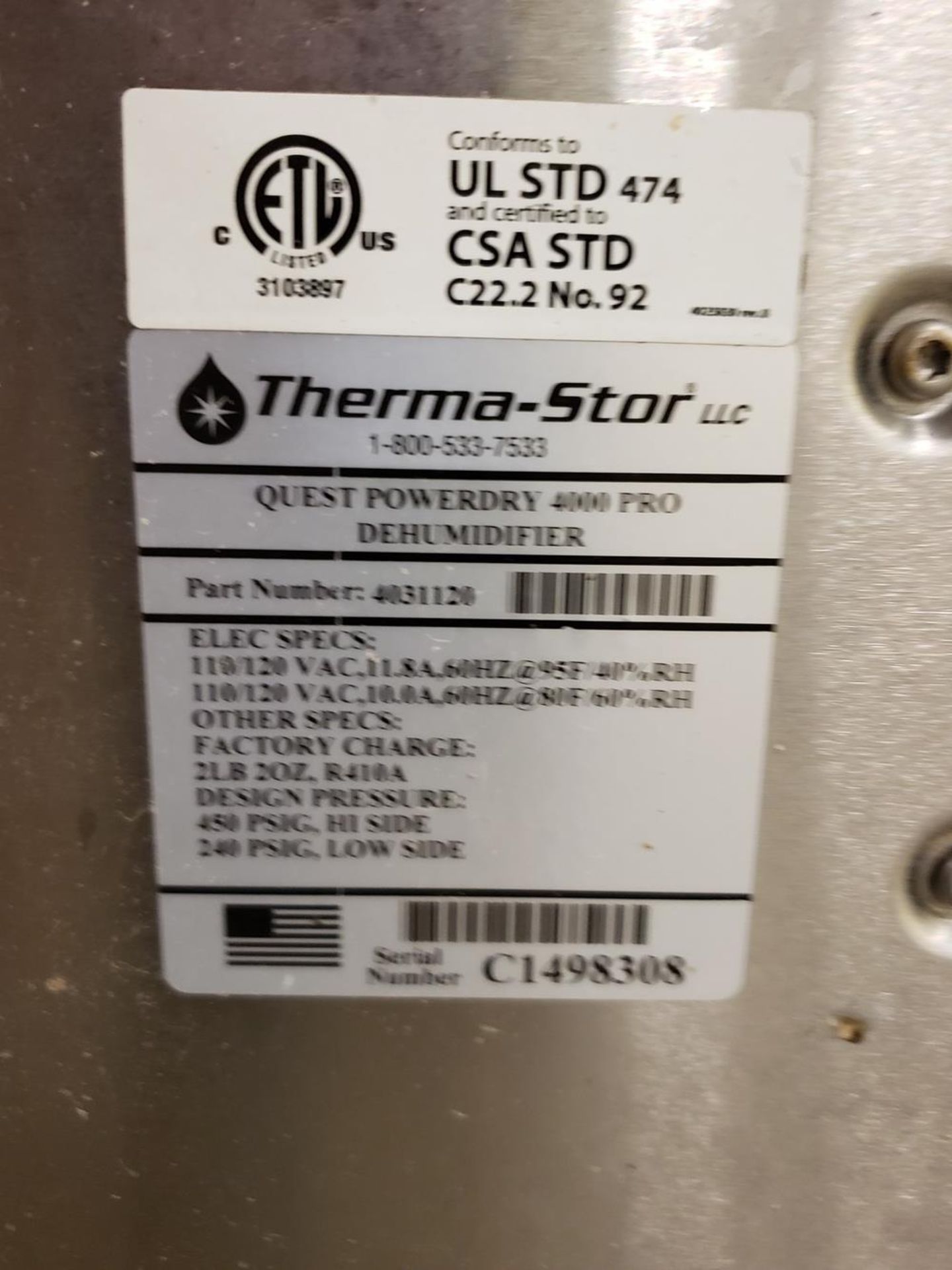 Therma-Stor Quest Powerdry 4000 Pro Dehumidifier, S/N C1498308 | Rig Fee: $20 - Image 2 of 2