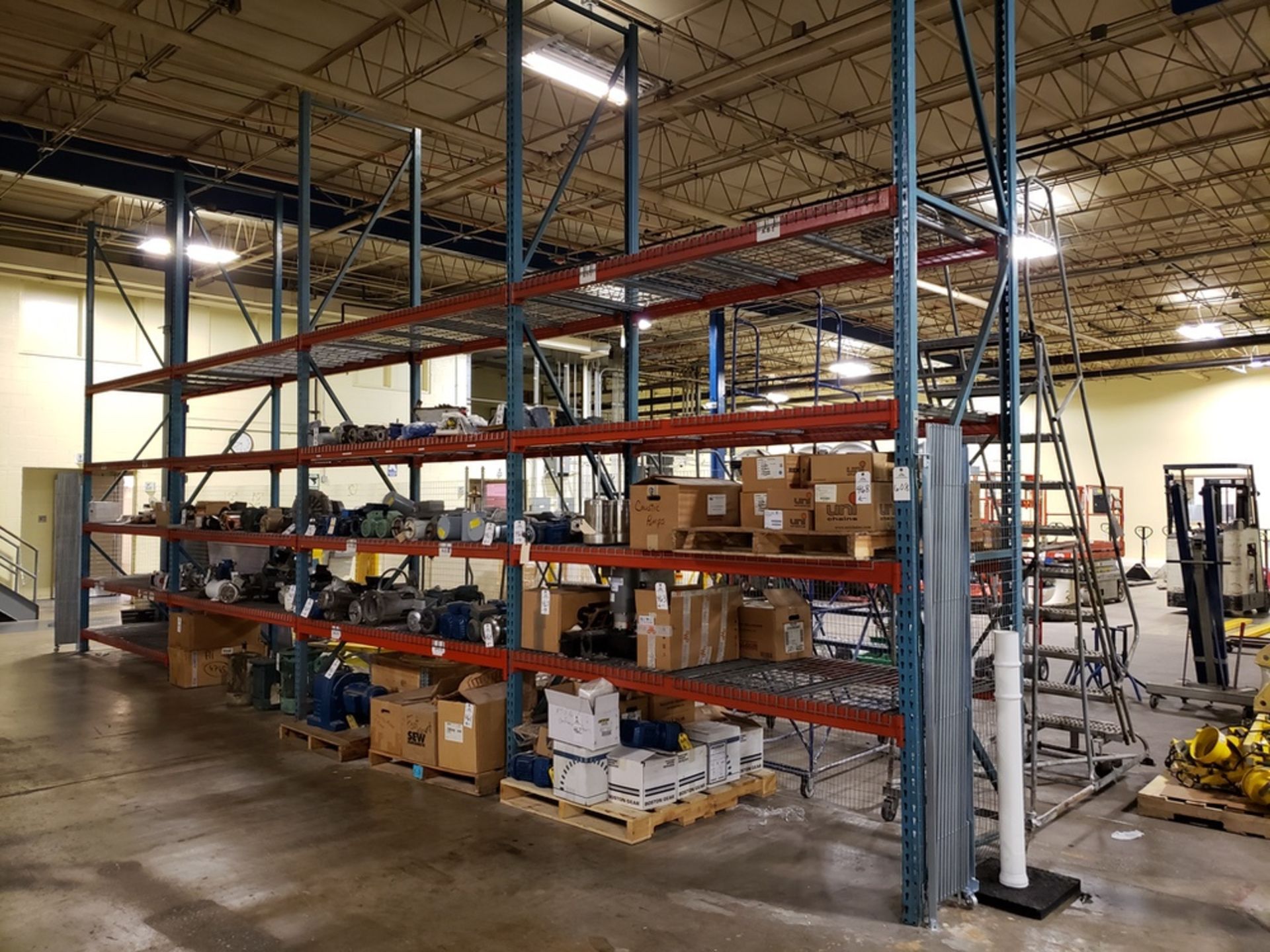 Lot of Pallet Racking, (5) 42" X 16' Uprights, (34) 8' Beams, (34) Wire Shelves | Rig Fee: $300