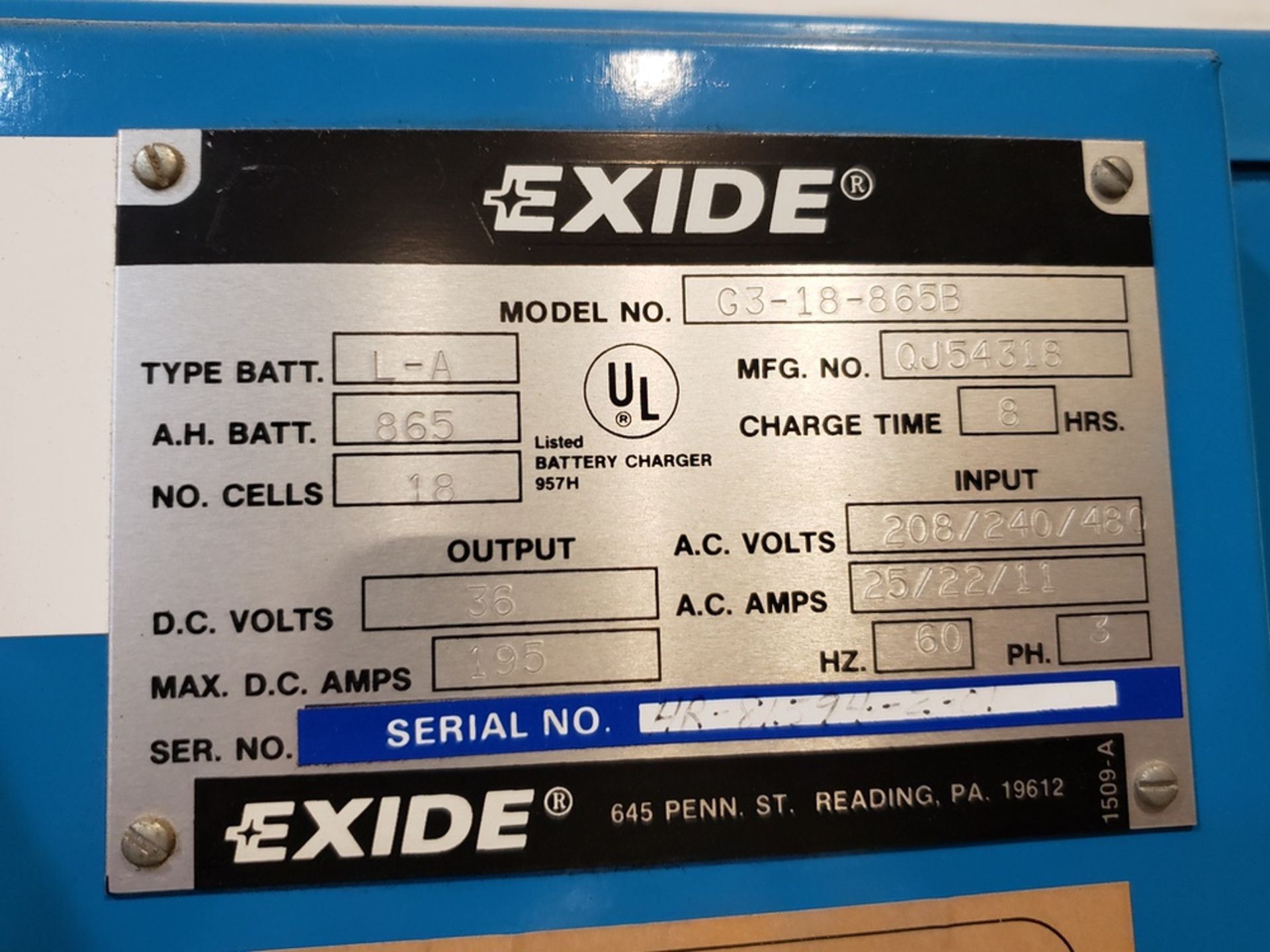 Exide Battery Charger, 36 Volt, M# G3-18-865B | Rig Fee: $50 - Image 2 of 2