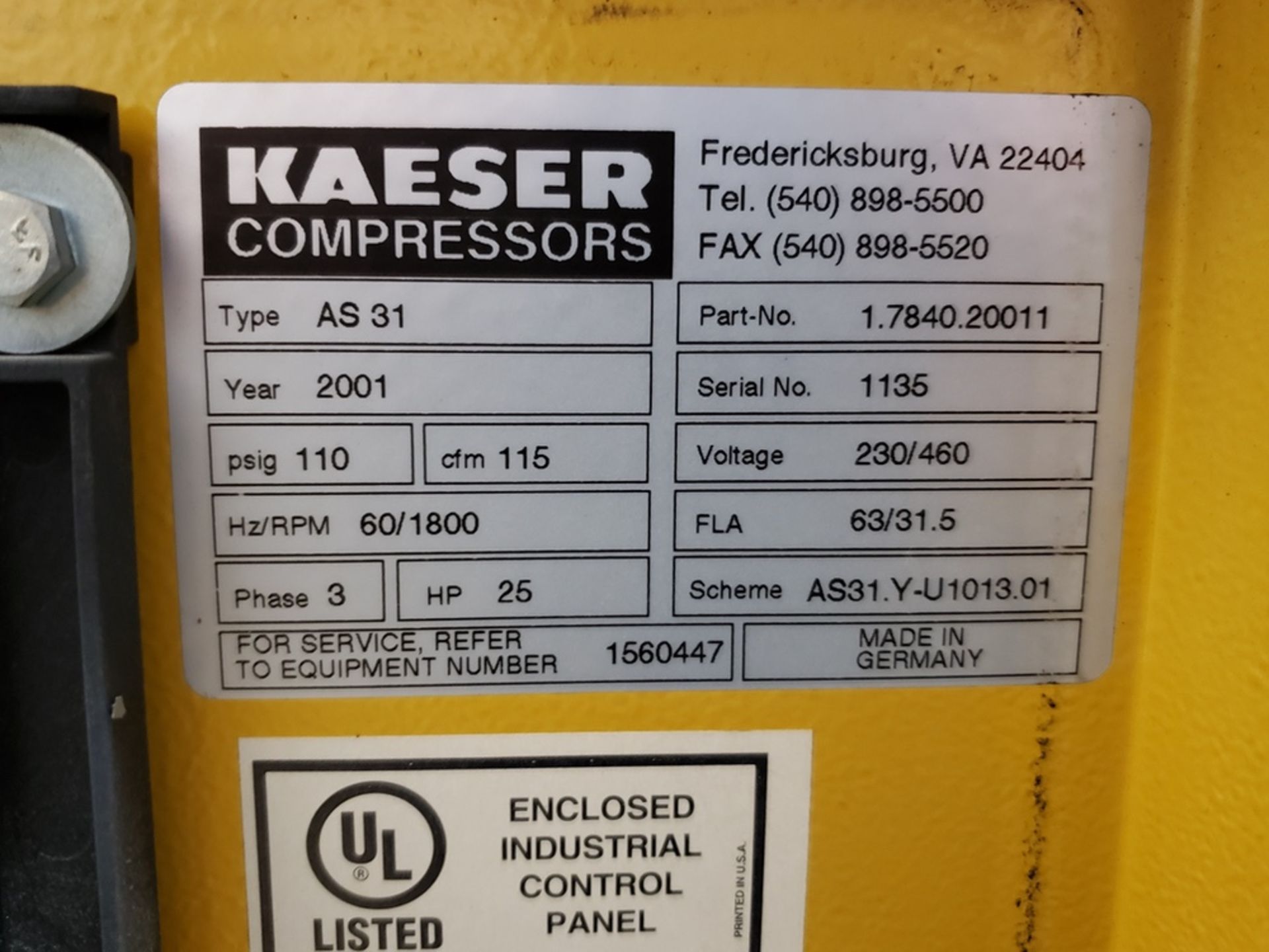 Kaeser Air Compressor, M# AS 31, S/N 1135, 89653 Hours | Rig Fee: $250 - Image 2 of 3