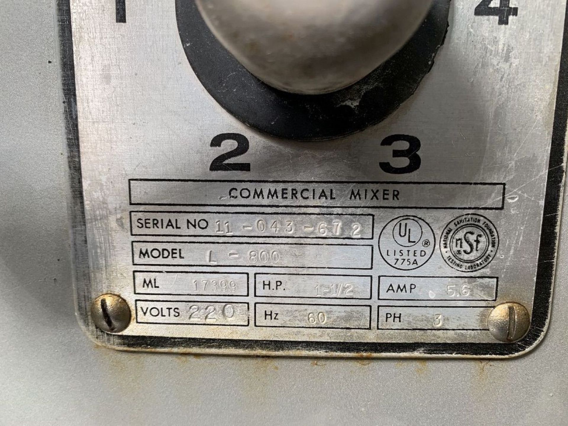 HOBART 80 QUART MIXER MODEL L-800; S/N 11-043-672, 1.5 HP, 60 HZ, 3-PHASE WITH (3) | Rig Fee: $300 - Image 7 of 7