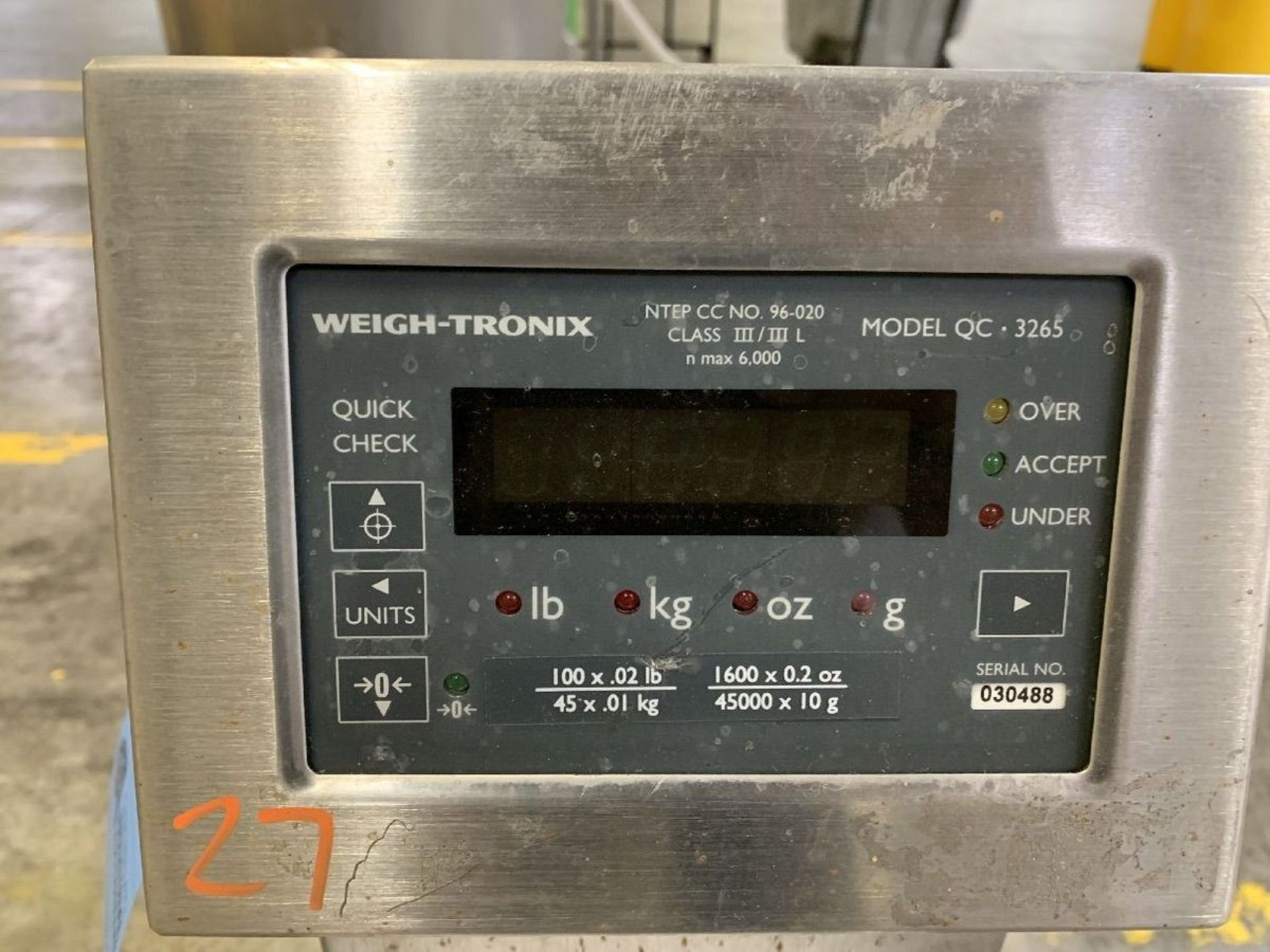 100 LB. X 20" X 20" WEIGH-TRONIX MODEL QC-3265 DIGITAL PLATFORM SCALE; S/N 030488 | Rig Fee: $35 - Image 3 of 5