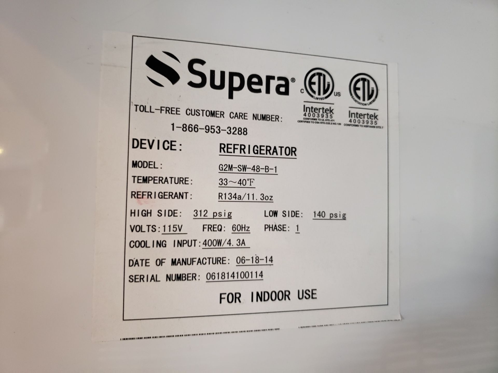Supera Double Door Refrigerator, M# G2M-SW-48-B-1, S/N 061814100114 | Rig Fee: $150 - Image 2 of 2