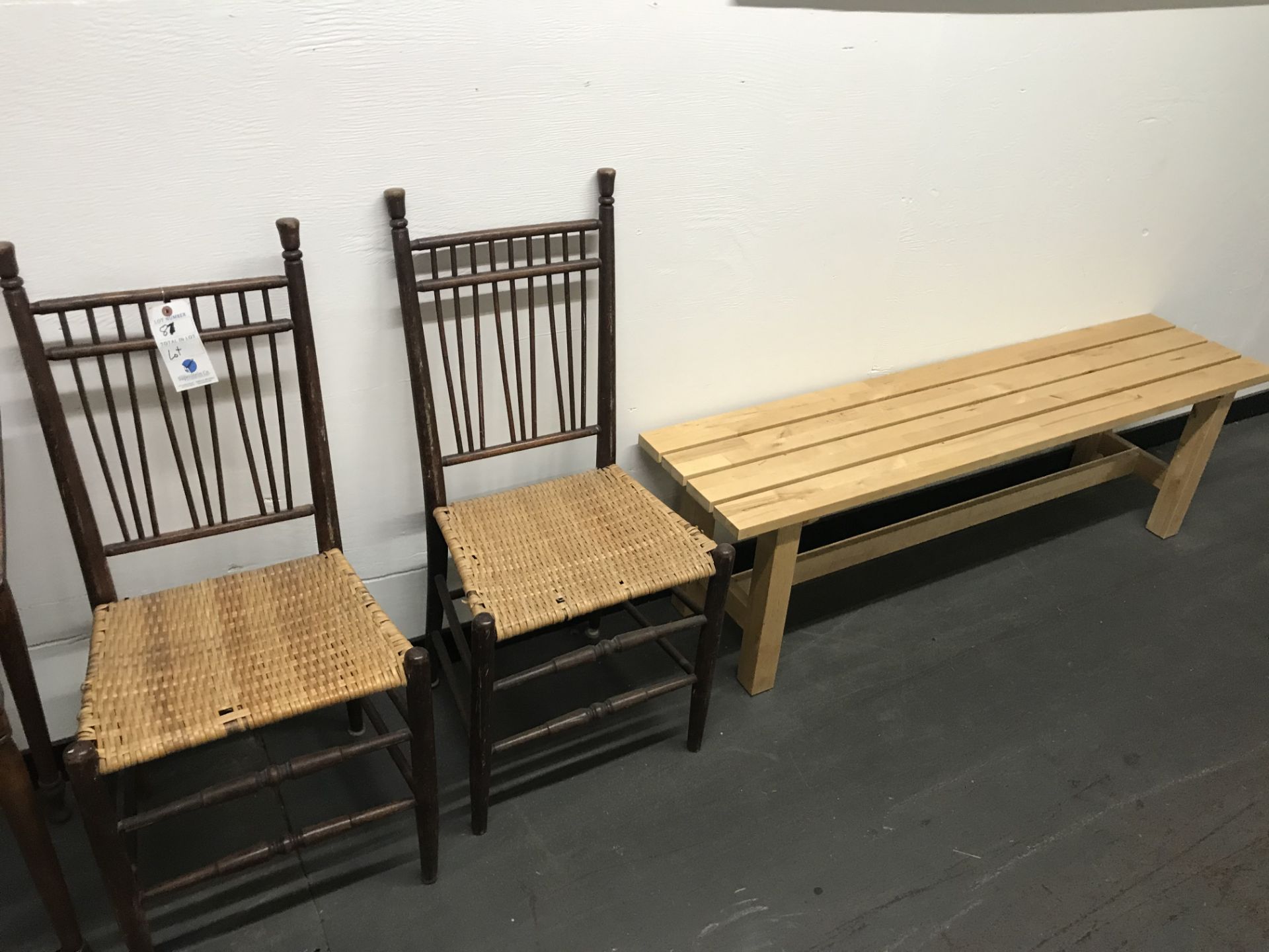 {LOT} Wood Bench, (5) Asst. Chairs (2 Rocking) & 3 Tables