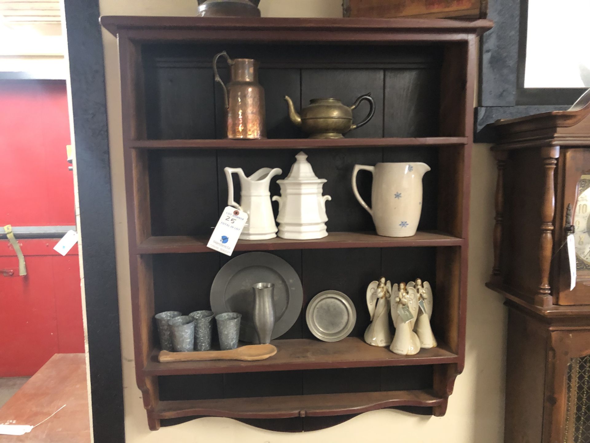 Wall Mounted 3 Section Shelf w/Porcelain Mugs & Galvanized Antiques