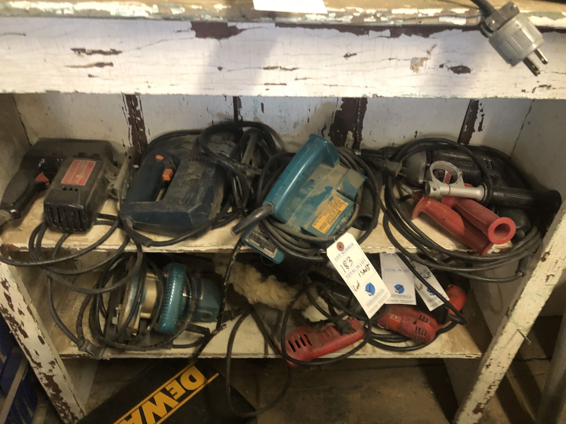 {LOT} On 1 Section of Shelving c/o: Drill, Cable Power Drill, Sander, Jig Saws,