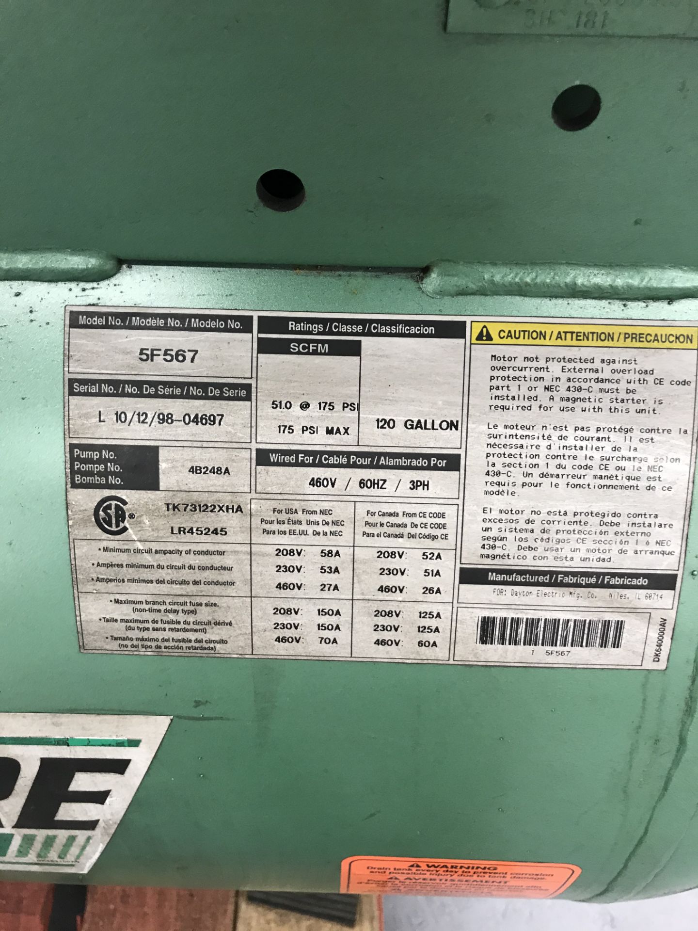 SpeedAire Cast Iron Series #5F567 120-Gallon 15HP 3-Phase 460V Air Compressor - Image 2 of 4