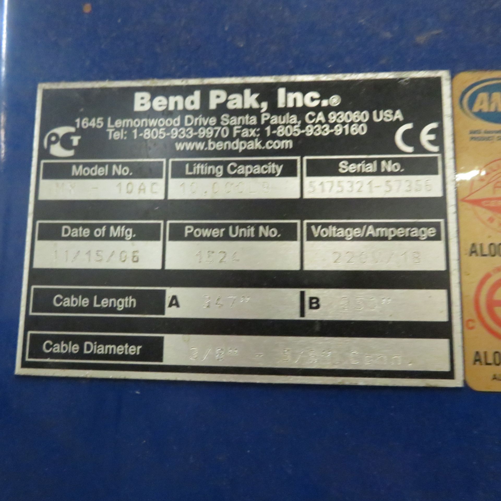 BEND PAK #MX10AC ASYMETRIC 10,000LBS CAPACITY 2 POST LIFT - Image 2 of 2