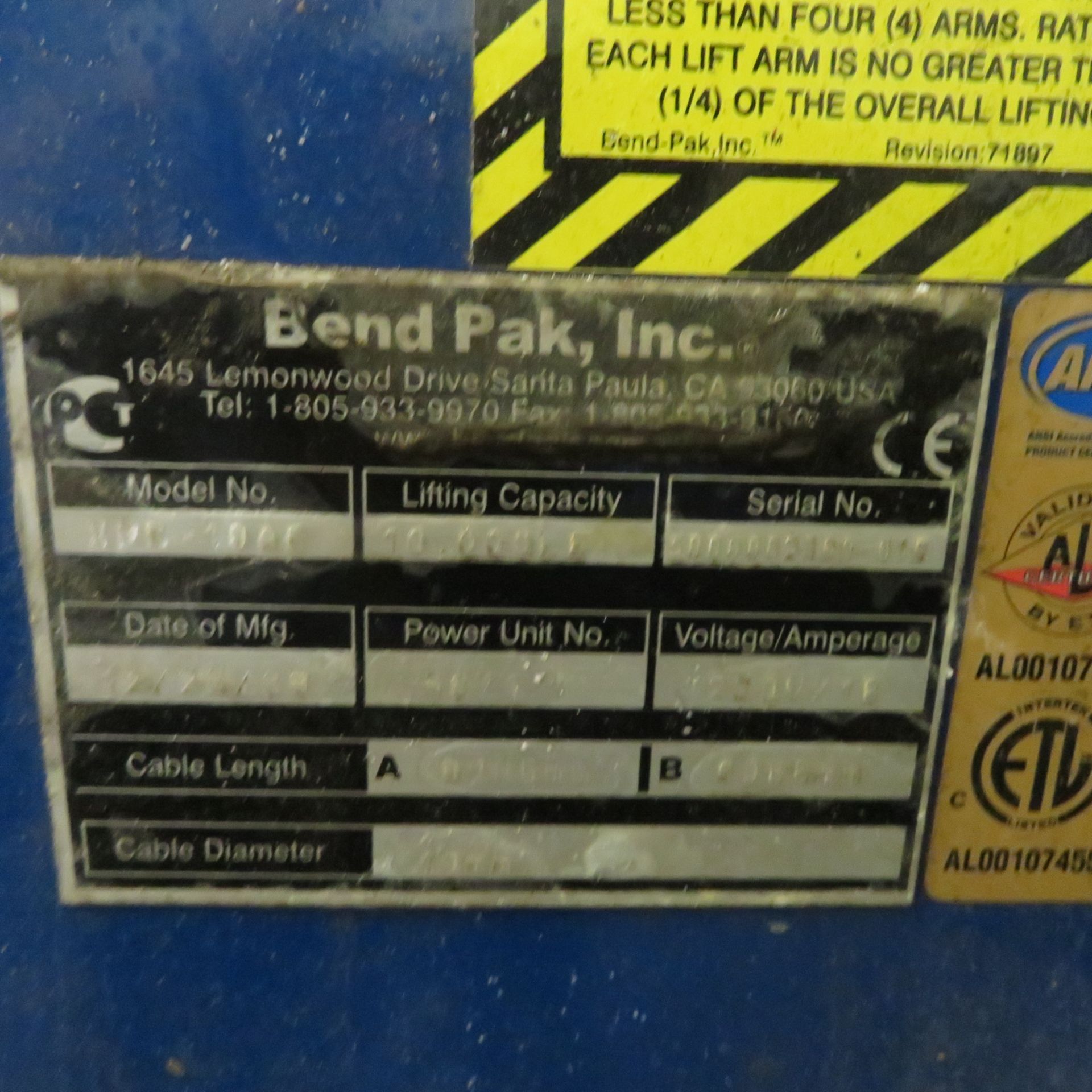 BEND PAK #XPR10AC ASYMETRIC 10,000LBS CAPACITY 2 POST LIFT - Image 2 of 2