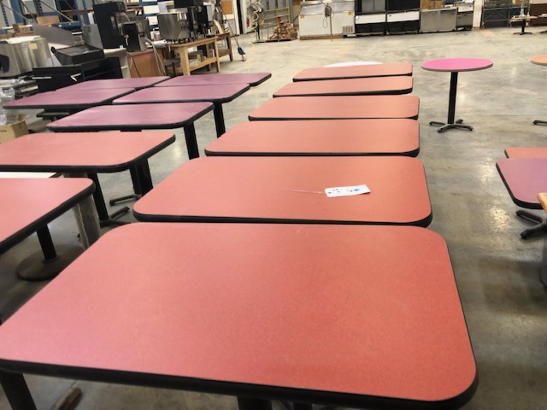{LOT} (18) Assorted Square and Rectangular Metal Base, Laminate Topped Tables